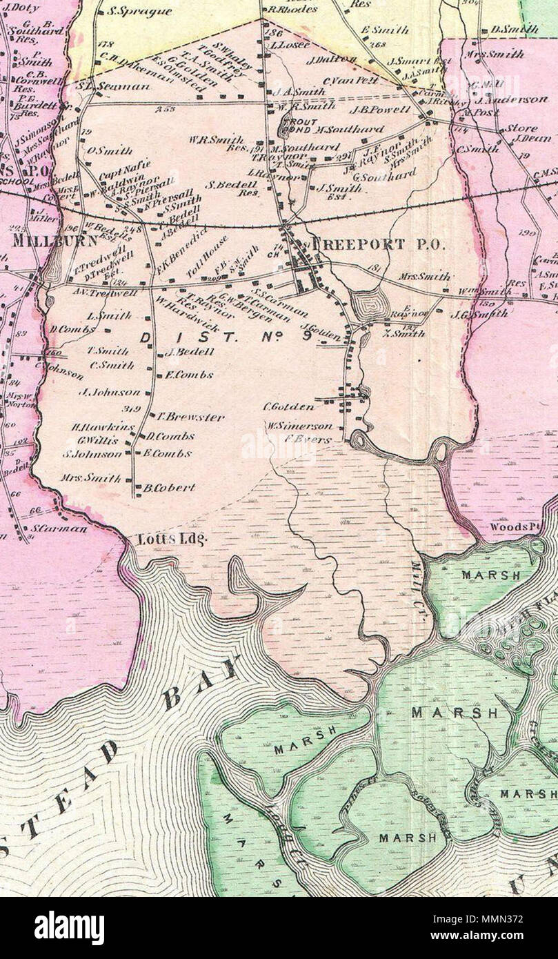 . Anglais : Freeport, New York, 1873. Extrait de Fredrick W. Beers ? ? ? Carte de la partie sud de Hempstead, Long Island, New York, publié en 1873. La partie sud de Hempstead, QUEENS CO. L.I. (En détail). 1873 (sans date). Freeport NY-1873 Banque D'Images