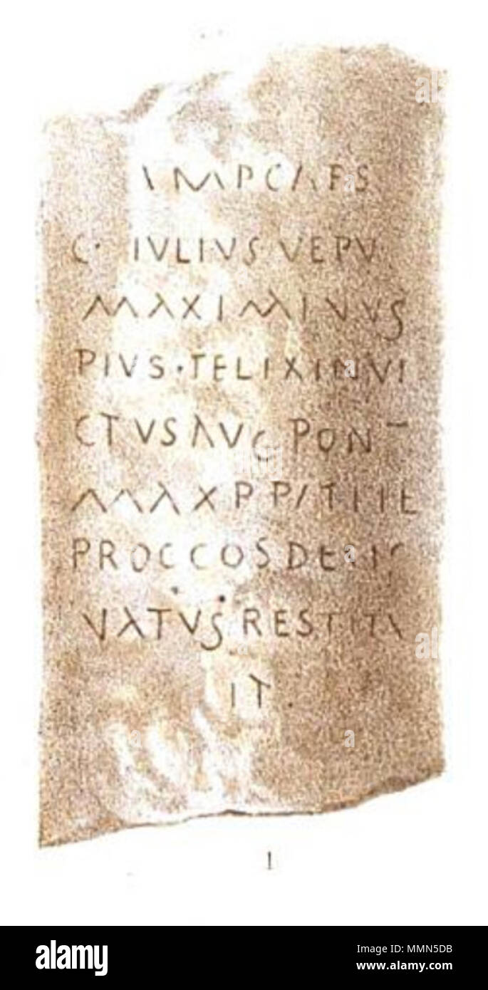 . English : Dessin publié en 1869 par Jules René Bourguignat-815-14 de la borne des carrières de chaise-l'évèque (Maximin Ier). Deutsch : Epigraphische Datenbank Heidelberg 95 HD066740 Bourguignat CIL 17-02-1869 4 Banque D'Images