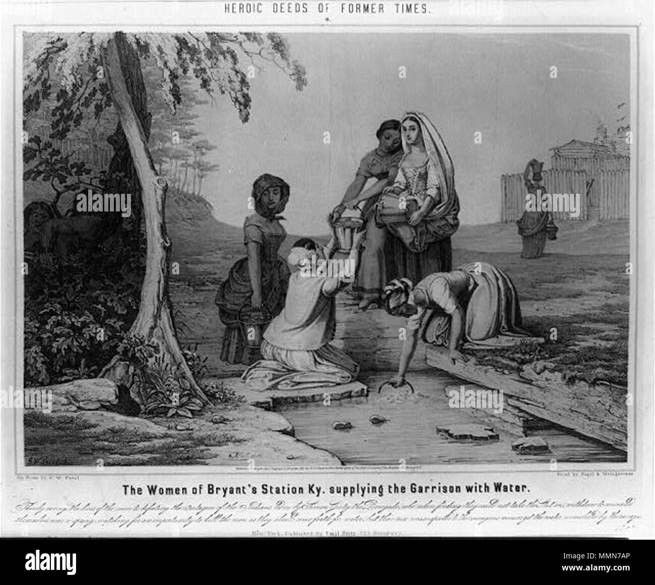 . L'inscription des femmes d'obtenir de l'eau Station Bryan tandis que les Américains indigènes, qui sont sur le point d'assiéger l'établissement, montre. L'événement célèbre dans le Kentucky au cours de la guerre de la Révolution américaine. . 1851. Imprimer par Nagel & Weingartner 102 Bryant's station Banque D'Images