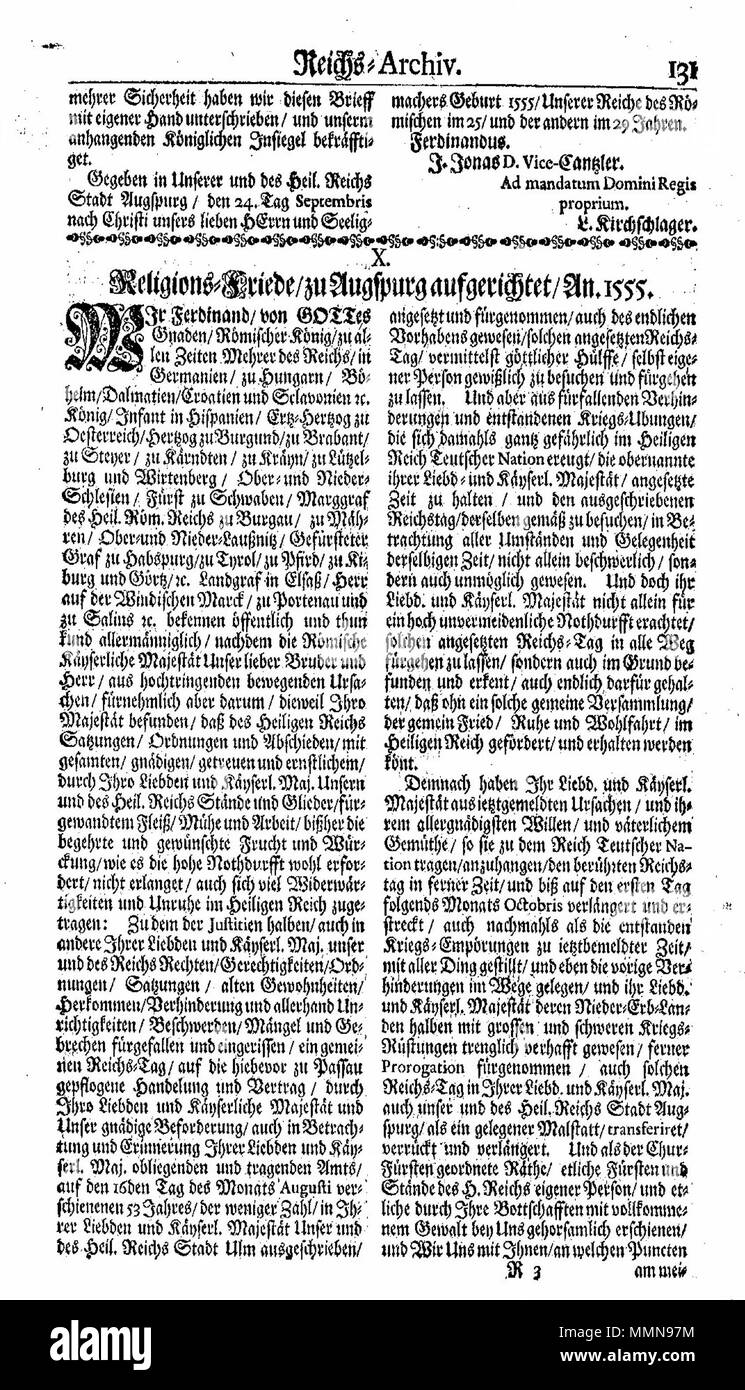 . Deutsch : Abdruck des w:DE:Augsburger Religionsfriedens Reichs-Archiv dans : Das Teutsche ; hg. von Johann Christoph Lünig, 24 Bde., Leipzig 1710-1721 . 1710. Johann Christoph Lünig XII 02 05 2 0331 0153 01 Banque D'Images