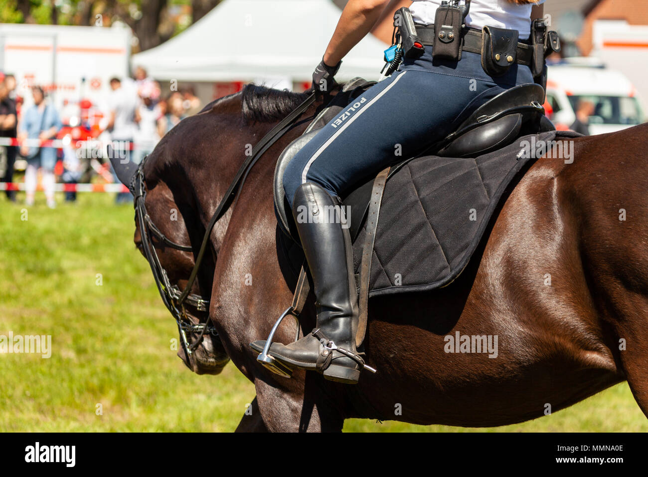 Cavalière de la police allemande repose sur un cheval de la police Banque D'Images