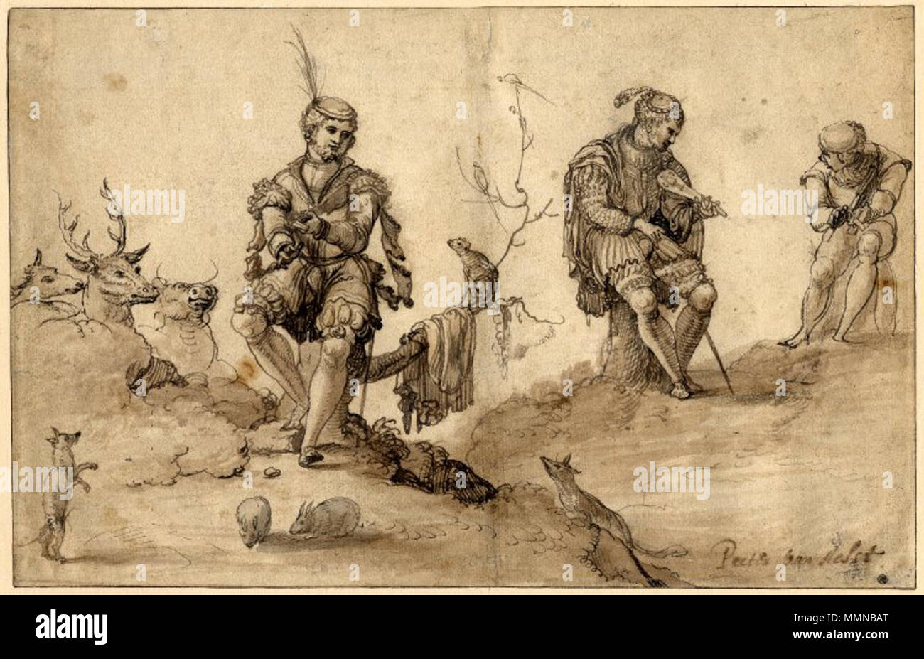 Trois études d'Orphée ; endosser le costume du xvie siècle, assis sur une souche d'arbre à un CRIF da braccio, les cerfs et les petits mammifères autour de lui. vers 1527-1550. Pieter Coeck van Aelst - trois études d'Orpheus Banque D'Images