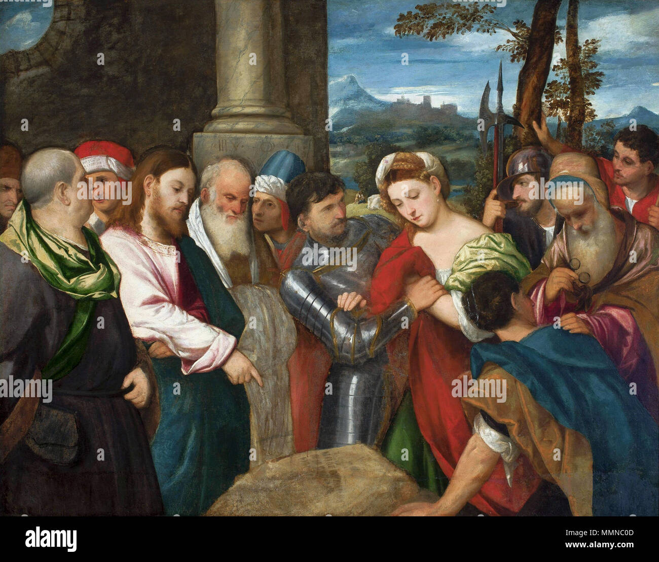 Le Christ et la femme adultère.. première moitié du 16e siècle. Pitati Christ et la femme adultère Banque D'Images