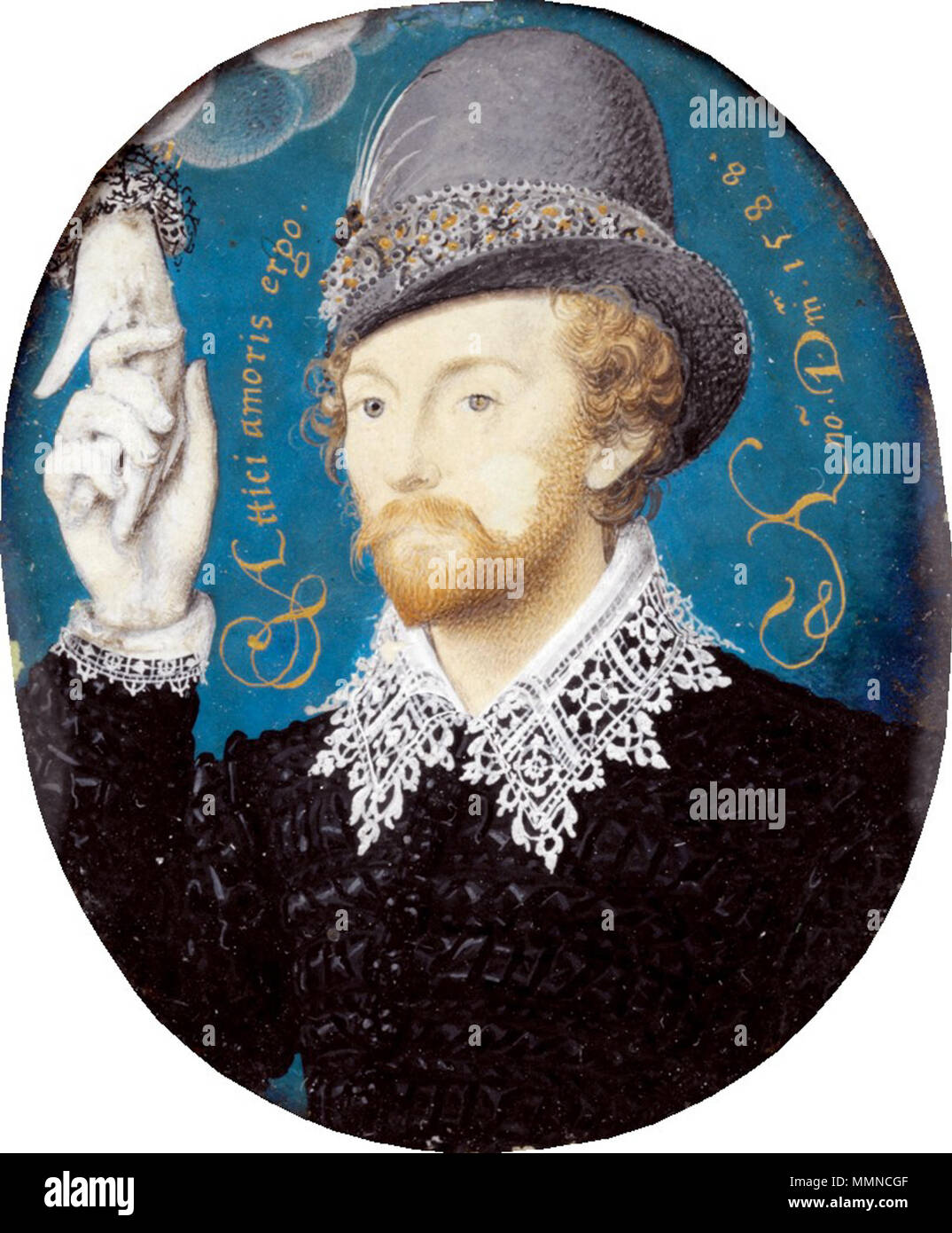. Deutsch : Porträt einer Unbekannten, der eine part ergreift ovale, Portrait d'un homme. 1588. Nicholas Hilliard 015 Banque D'Images