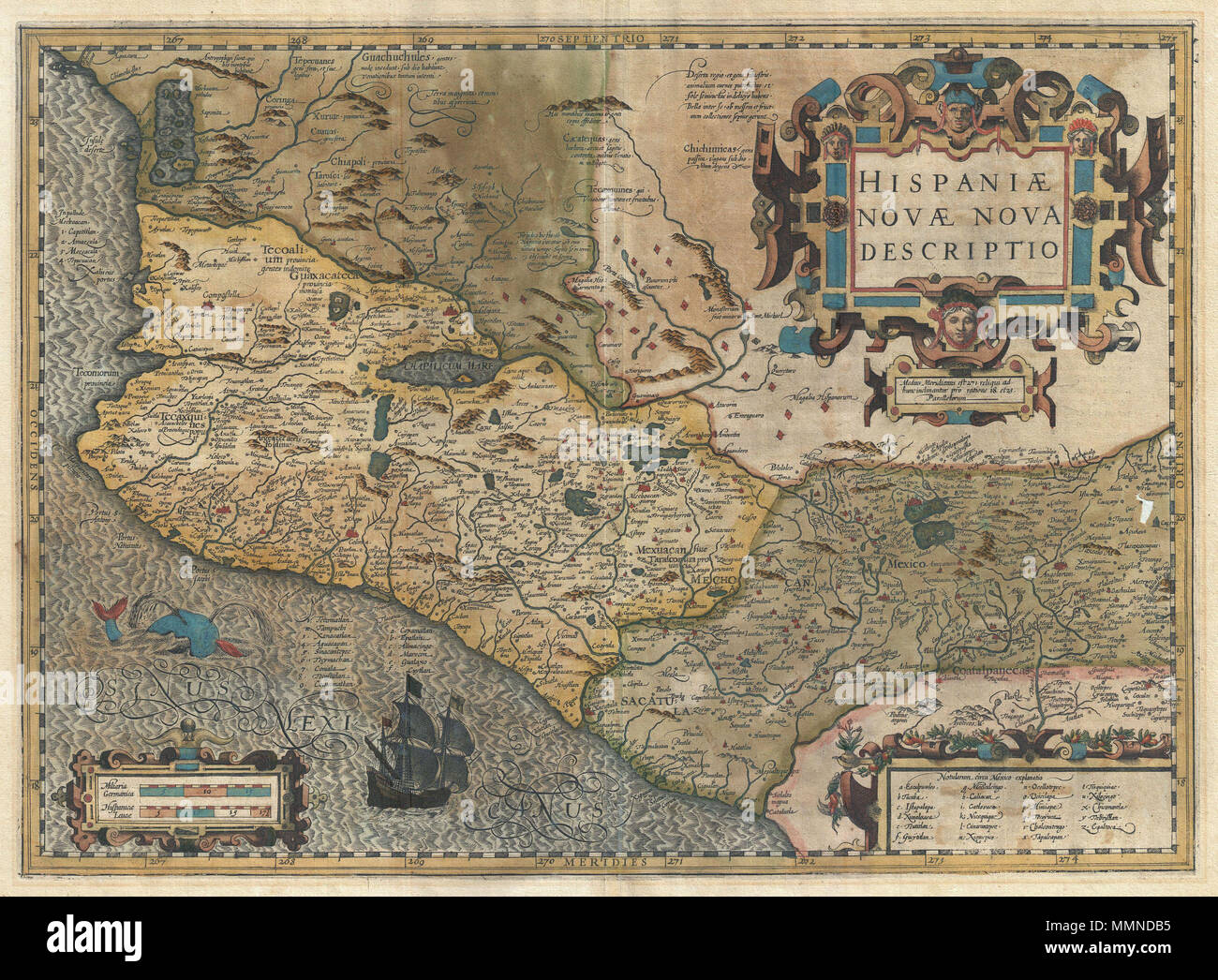 . Anglais : c'est une rare et souvent sous-estimés 1606 Nouvelle cartographie Espagne par Hondius et Mercator. Couvrant la vice-royauté accordée à Hernan Cortez après sa conquête de l'Empire Aztèque, cette carte de détails, en gros, de la ville de Mexico à l'ouest jusqu'à la côte du Pacifique et vers le nord jusqu'à Michoacán moderne de jour. La carte de Mercator cartographique est fortement influencé par Ortelius' 1579 Carte de la même région. Si nous ne sommes pas certains d'Ortelius' sources, cette carte présente une combinaison d'éléments cartographiques connus et spéculatives. La ville de Mexico s'affiche à droite centre entouré par l'eau qu'il Banque D'Images