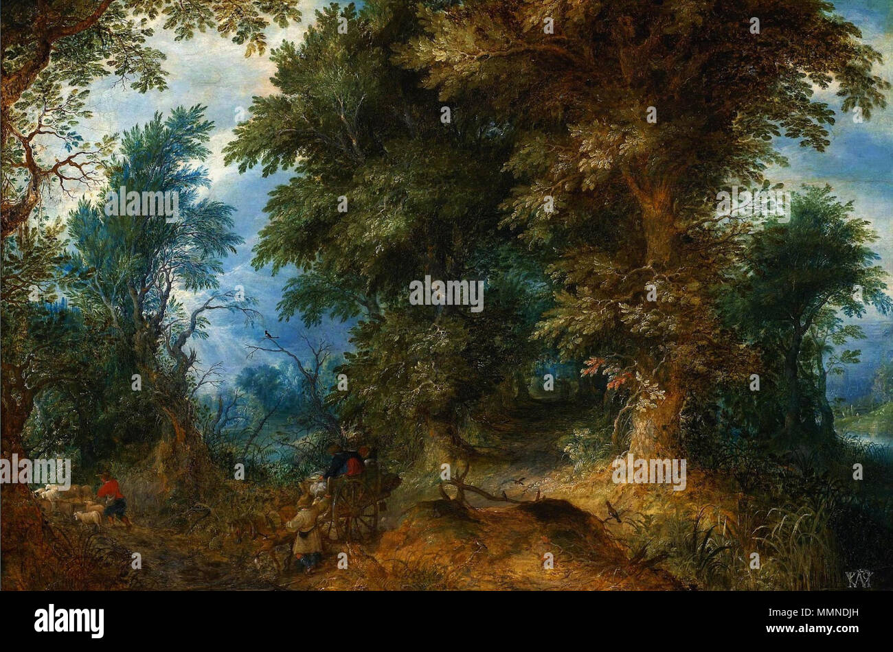 Paysage boisé avec des paysans qui traversent la ford.. vers 1619. Paysage boisé Govaerts Banque D'Images