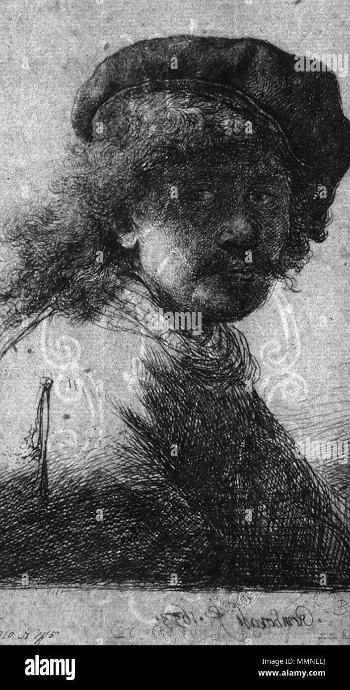 L'auto-portrait dans un chapeau et écharpe avec filigrane croisiers de Bâle.. 1633. Filigrane Rembrandt Banque D'Images