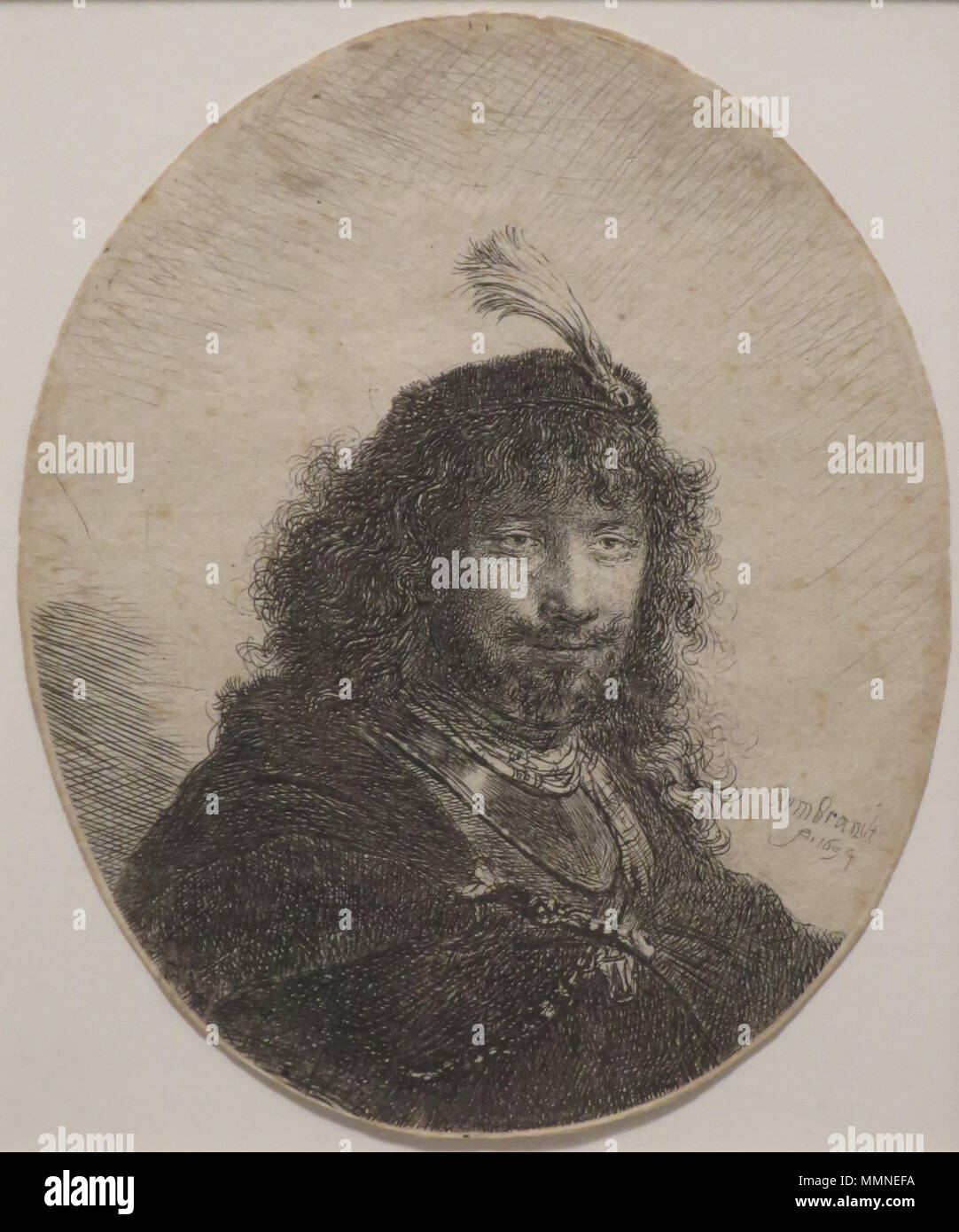 Self-portrait ( ?) avec les plumes et abaissé au sabre. 1634. - Rembrandt Rembrandt avec 'chapeau' à plumes, de gravure 1634, HAA Banque D'Images