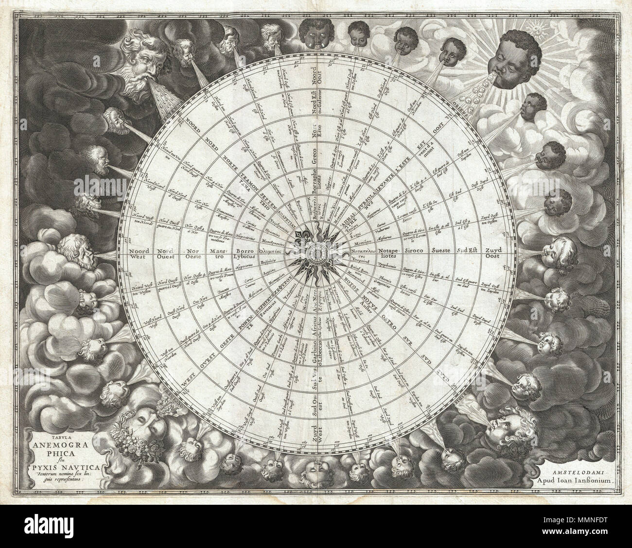 . Anglais : Un très rare exemple d'un des plus anciens et des plus importants anemographic, ou rose des vents, des tableaux d'apparaître dans le 17e siècle. Ce tableau inhabituel représente un point de transition dans la perception de l'orientation, ou pour être précis, le passage de la rose des vents de la rose des vents. Au début les marins en Méditerranée direction définie par les noms des différents vents et les points d'où ils ont fait sauter. Cette idée remonte à la Grèce antique. Homer a identifié quatre vents cardinaux, mais que la navigation et la cartographie avancée, d'autres ont été ajoutés. Ce tableau représente un f Banque D'Images