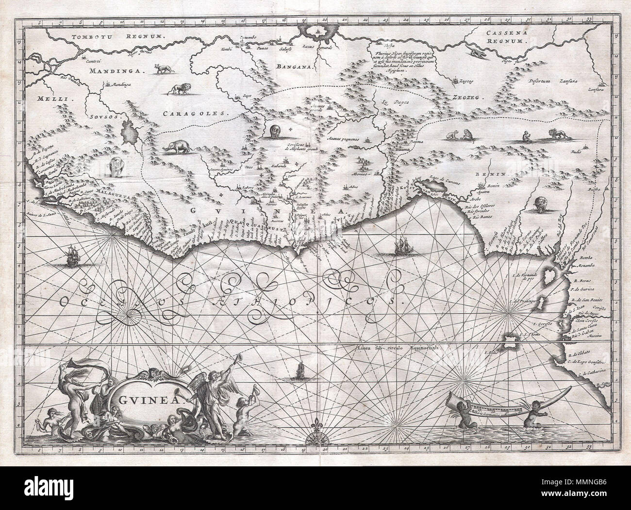 . Anglais : c'est une extraordinaire 1670 Carte de l'Afrique de l'Ouest par l'Anglais John cartographe Catholicus. L'Afrique représente la Côte d'or, Côte d'Ivoire, et Côte des Esclaves de Guniea sud à travers les nations modernes, de la Sierra Leone, Libéria, Mali, Burkina Faso, Côte d'Ivoire, Ghana, Togo, Bénin, Nigeria, Cameroun, Guinée équatoriale et Gabon. Catholicus modélisé cette carte après la carte Janesson / Hondius 1639. Ici vous pouvez voir la pratique a été parodié par Jonathan Swift quant à l'absence de données sur l'intérieur, ils avaient à "placer les éléphants pour défaut de villes". En effet l'intérieur est décoré de styliser Banque D'Images
