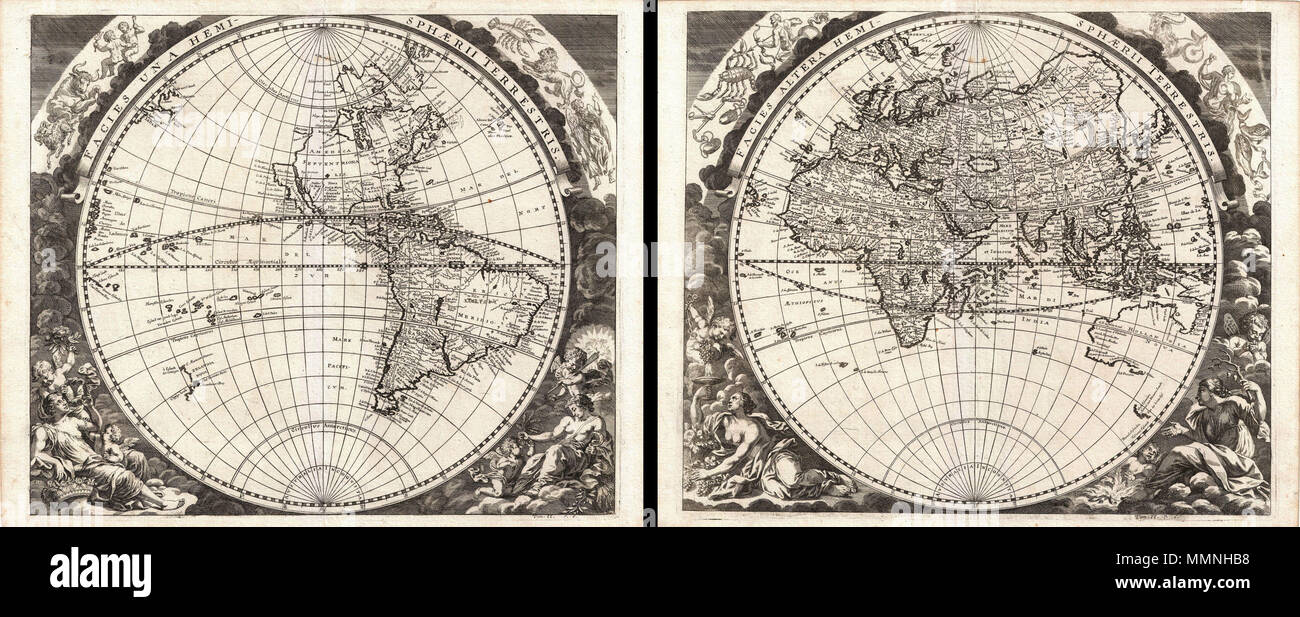 . Anglais : une découverte extrêmement rare, c'est un merveilleux 1693 hémisphère double carte du monde en deux panneaux. Ces deux cartes ont été dessiné et gravé par l'Allemand Lumières polymathe Johann Zahn pour son opus pseudo-scientifique Mundus Mirabili , ou le "monde merveilleux." Ce chef-d', Zahn, cartographique est un assortiment de carto-curiosité avec ces éléments inhabituels comme l'île de Californie, les Grands Lacs rendu comme un seul plan d'eau ouvert à l'ouest, le détroit d'Anian loin au nord, l'El Dorado ou Manoa sur les rives du lac Parima mythique, la Legenda Banque D'Images