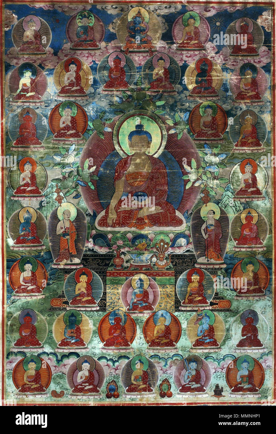 Le Bouddha Shakyamuni accompagné de Maudgalyayana et Sariputta.. 18e siècle. Bouddha Shakyamouni Tibet Banque D'Images