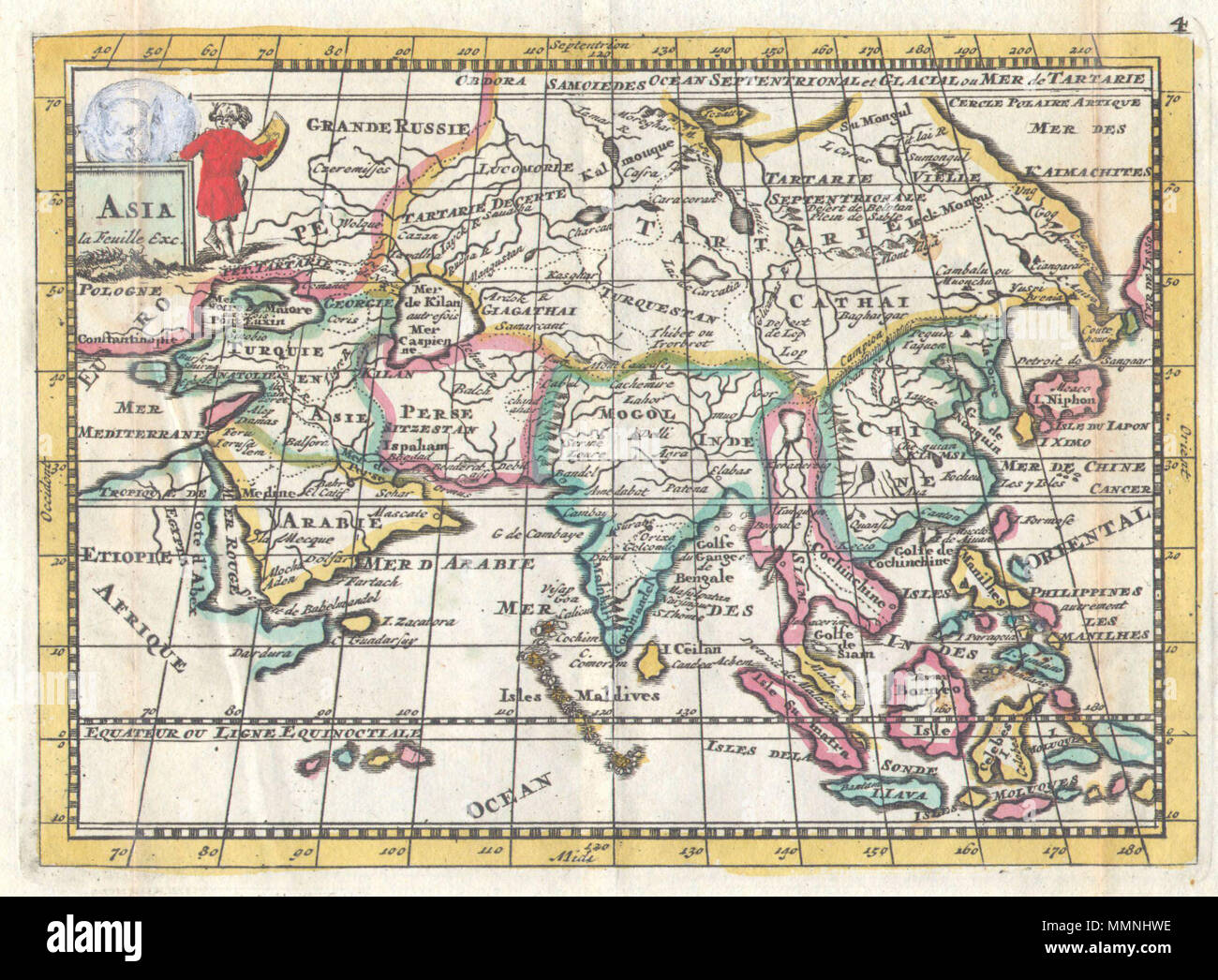 . Anglais : très rare, c. 1706, la carte de l'Asie publié par Daniel de la feuille. S'étend de la Méditerranée à l'Alaska et le sud jusqu'à Java. Représente l'empire Mogol en Inde, les royaumes du Siam et Chochine, la Chine, l'Arabie et le sarrasin de Tartarie. En Chine, la Grande muraille est illustré. La mer Caspienne est très déformée, comme c'est la péninsule arabique et au Japon. Au nord du Japon, Hokkaido est montré attaché à la terre ferme. En Asie centrale, le Tibet est appelée sont les salines de Lop Nor en Chine. La péninsule de Crimée est dessinée comme une île. En Asie du sud-est, un curieux lake est appelée dans ce qui est aujourd'hui le rendez-vous Banque D'Images