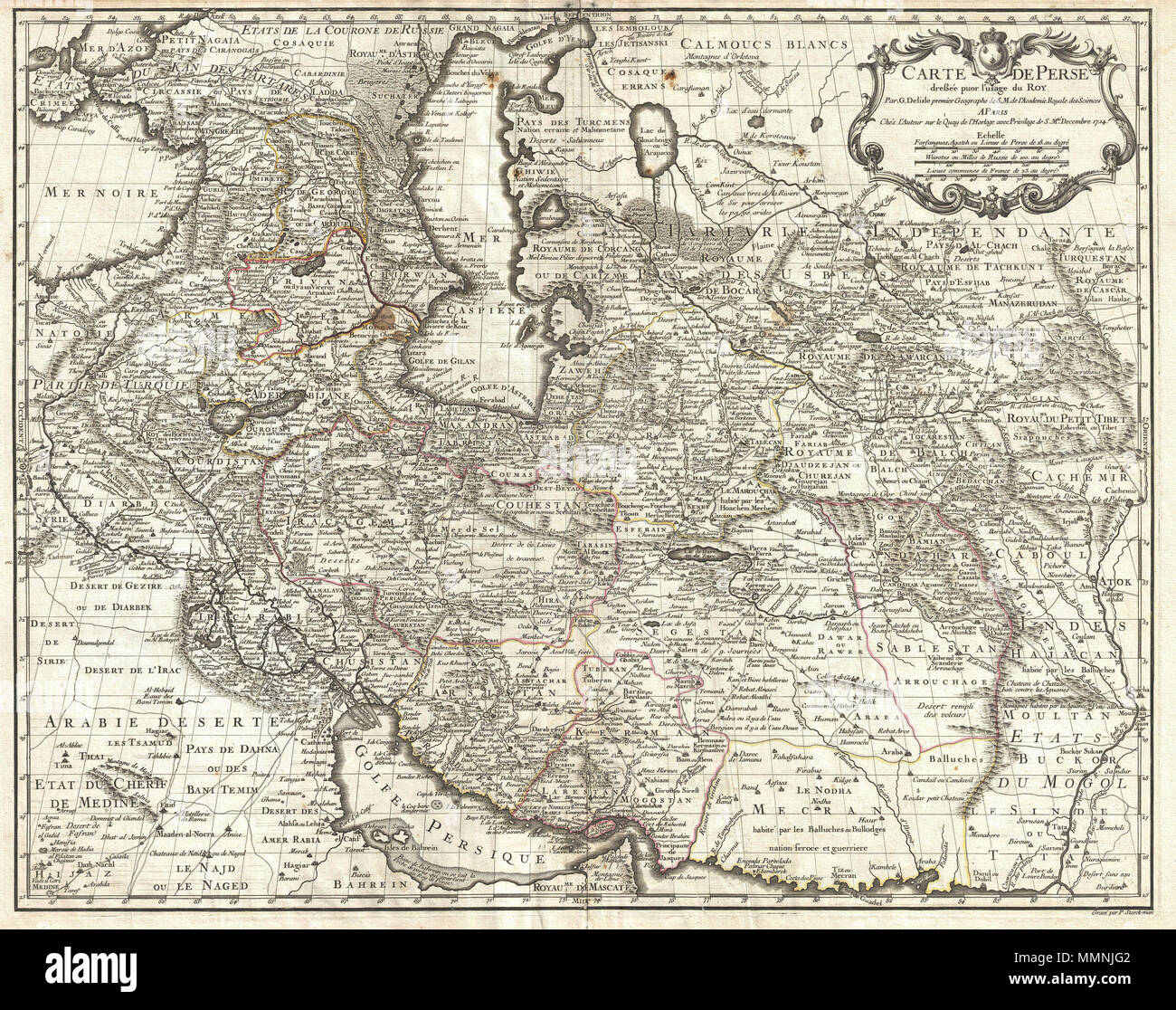 . Anglais : Une belle première édition Exemple de Guillaume De L'Isle est important 1724 Carte de la Perse. Capots de la Crimée et la mer d'Azov au sud vers le golfe Persique et le détroit d'Ormuz et de l'est en ce qui concerne le Cachemire (Cachmir) et de Kaboul (Caboul). Cette carte comprend l'Iran d'aujourd'hui, en Iraq, en Afghanistan, au Koweït, Ouzbékistan, Turkménistan, Tadjikistan, Géorgie, Arménie, Azerbaïdjan, et à des parties adjacentes de la Russie, le Pakistan, la Turquie, l'Ukraine et le Kazakhstan, et d'Arabie. Cartographique De L'Isle de la cartographie de la Perse marque une avancée significative dans l'connaissances cartographiques de la région. Cette ma Banque D'Images