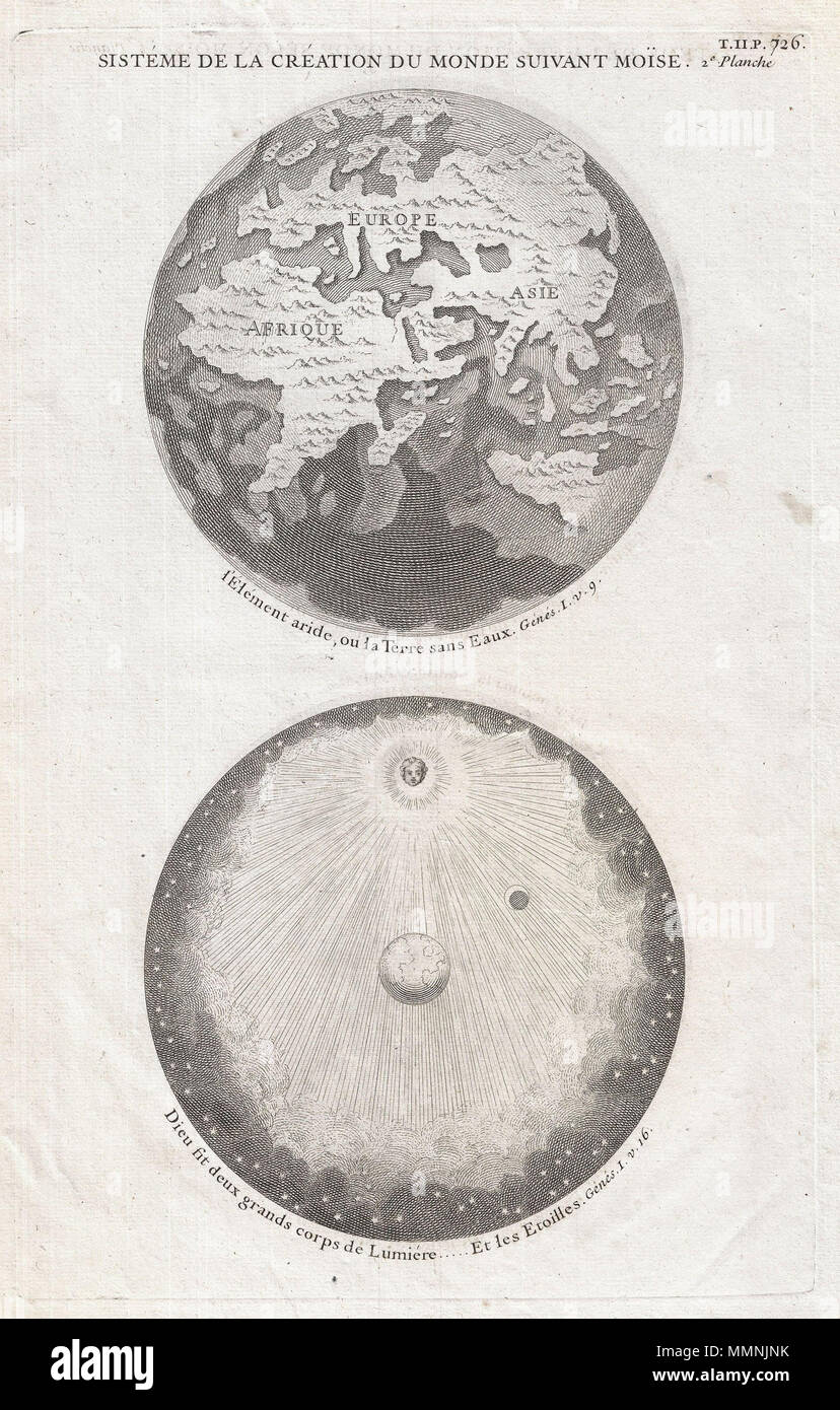 . Anglais : un curieux c. 1728 cartographie de l'ancien monde et le cosmos rendu depuis une perspective biblique. Bien que composé bien après la découverte du Nouveau Monde et les circumnavigations de Magellan et Drake, ce schéma représente un partie deux très médiéval du monde. La partie supérieure de la carte, bien qu'officiellement l'hémisphère oriental, réellement suit une doctrine médiévale préconisée par Francis Bacon. C'est, la conviction que la terre physique était grand bal rock reposant dans un grand domaine de l'eau. Les terres habitables de la terre, de l'Asie, d'Europe et d'Afrique, étaient des t Banque D'Images