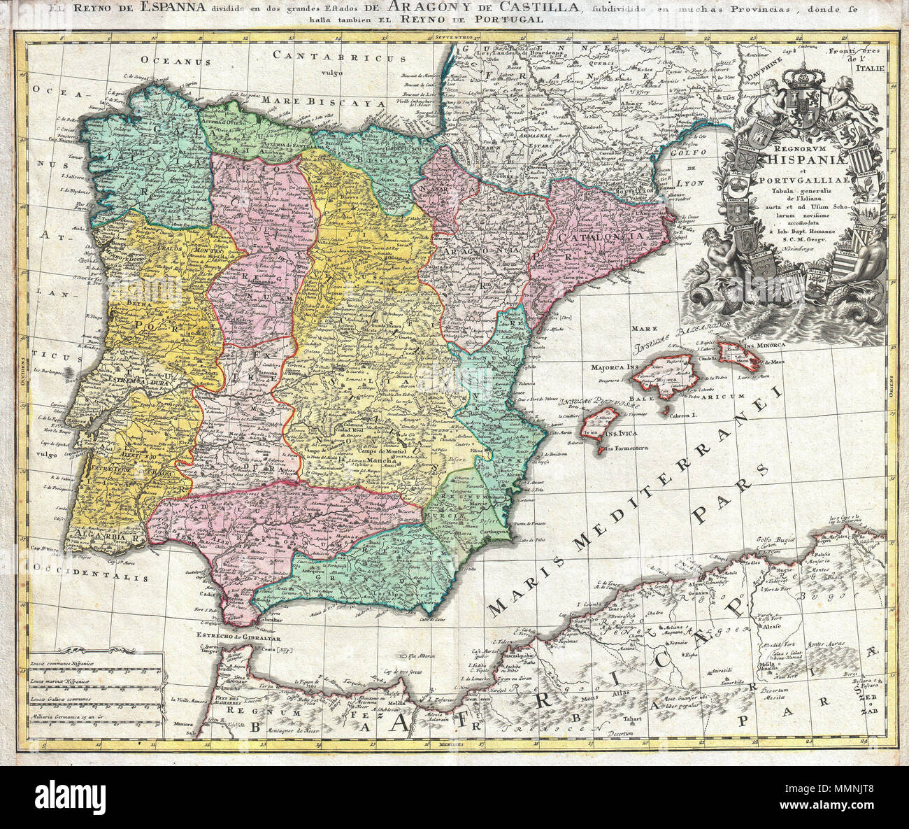 Anglais Un Beau C Detaillees 1730 J B Homann Carte De L Espagne Et Le Portugal Represente La Peninsule Iberique Avec Beaucoup De Details Y Compris Les Iles Baleares De Majorque