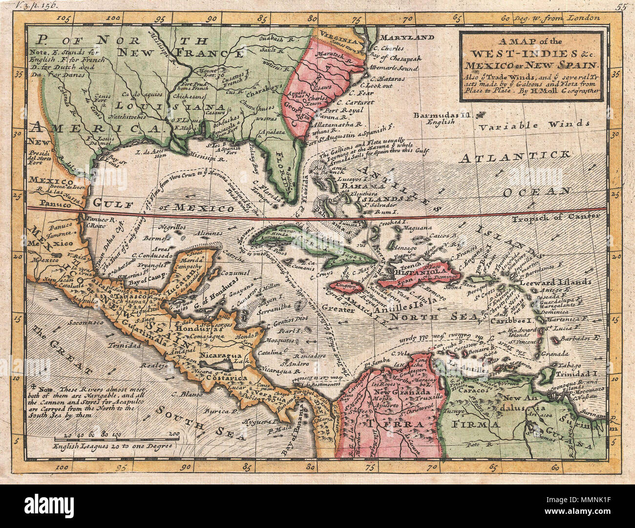 . Anglais : c'est Herman Molls c. faible mais significative 1732 Carte de la West Indies. Moll's map couvre l'ensemble des Antilles, de l'est du Mexique, l'ensemble de l'Amérique centrale, le golfe du Mexique, d'Amérique du Nord jusqu'à la baie de Chesapeake, et la partie nord de l'Amérique du Sud, communément appelé le principal espagnol. Typique de Moll's style Ce site est une mine d'informations, y compris les courants océaniques et de très intéressants commentaires. En outre Moll, probablement par sa connaissance avec les pirates William Dampier et Woodes Rogers, offre une foule de renseignements sur le trafic d'argent bea Banque D'Images