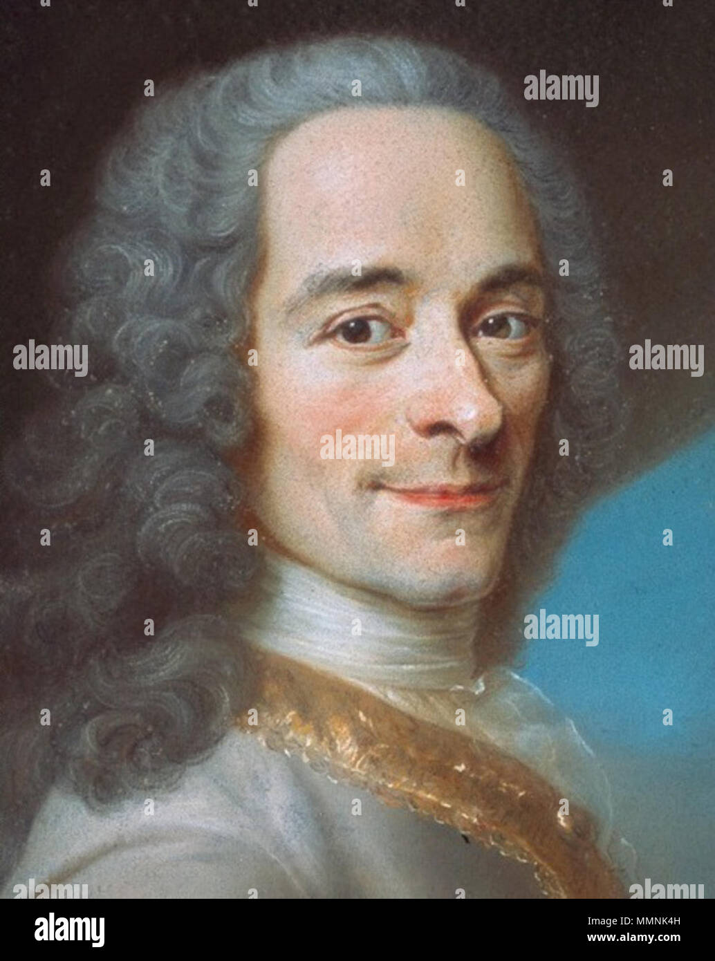 Voltaire, détail du visage (château de Ferney Voltaire), détail du visage (château de Ferney) D'après Maurice Quentin de La Tour, Portrait de Voltaire, détail du visage (château de Ferney) Banque D'Images