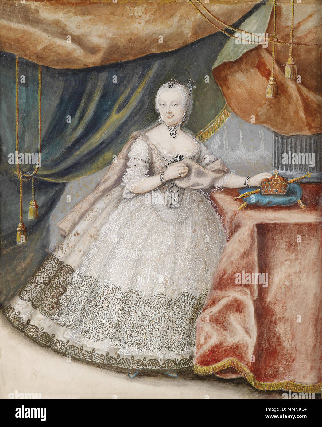 . Anglais : Portrait of Maria Theresia (1717-1780) Deutsch : Porträt der Kaiserin Maria Theresia im Spitzenkleid, Aquarell auf Pergament ( ?), 21 x 16,5 cm . vers 1740. Portrait of Maria Theresia im Spitzenkleid c1740 Banque D'Images
