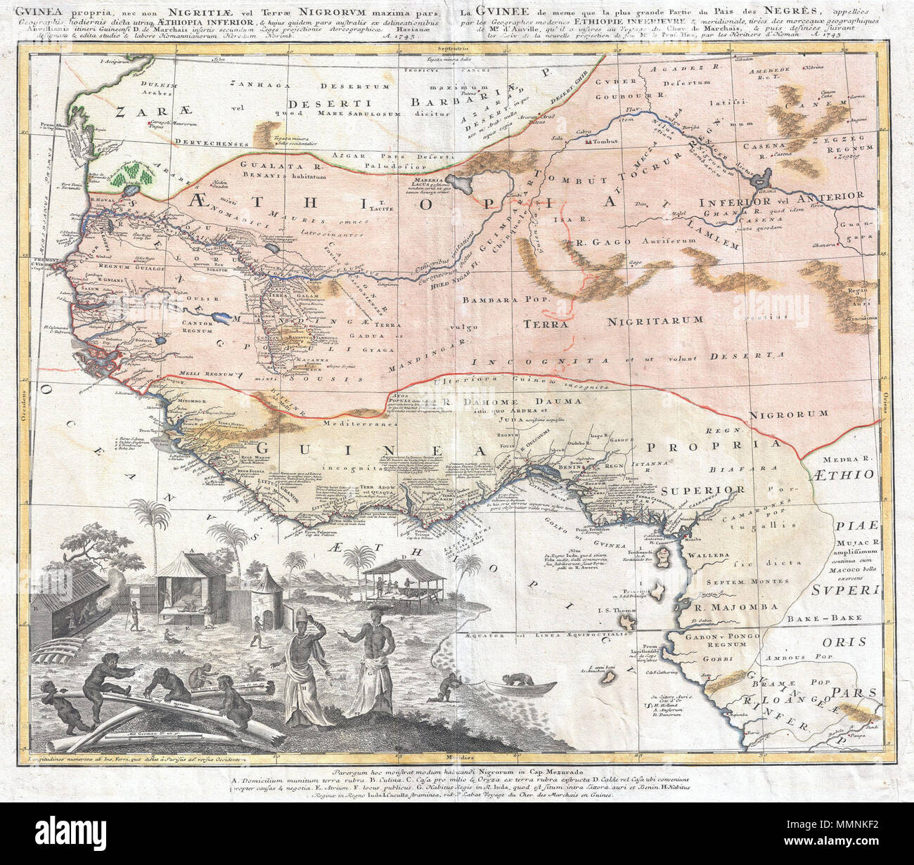. Anglais : l'un des plus beau et produit des cartes de l'Afrique de l'ouest d'apparaître dans le 17e siècle. Basé sur d'anciens Homann cartes et par recherche Anville, cette carte couvre la partie nord-ouest de l'Afrique depuis le Cap Blanc et le Sénégal à la Guinée inférieure, autour de la piqûre de l'Afrique, au Congo et Barbela Rivières. Comme avec la plupart des cartes de l'Afrique à partir de cette période, le coastlands sont extrêmement détaillées tandis que l'intérieur est soit vide ou extrêmement spéculative. Les terres côtières entre le fleuve Niger et le Biafra sont particulièrement bien en correspondance avec de nombreuses notes concernant les peuples d'Amérique latine et des lieux depi Banque D'Images . Anglais : l'un des plus beau et produit des cartes de l'Afrique de l'ouest d'apparaître dans le 17e siècle. Basé sur d'anciens Homann cartes et par recherche Anville, cette carte couvre la partie nord-ouest de l'Afrique depuis le Cap Blanc et le Sénégal à la Guinée inférieure, autour de la piqûre de l'Afrique, au Congo et Barbela Rivières. Comme avec la plupart des cartes de l'Afrique à partir de cette période, le coastlands sont extrêmement détaillées tandis que l'intérieur est soit vide ou extrêmement spéculative. Les terres côtières entre le fleuve Niger et le Biafra sont particulièrement bien en correspondance avec de nombreuses notes concernant les peuples d'Amérique latine et des lieux depi Banque D'Images