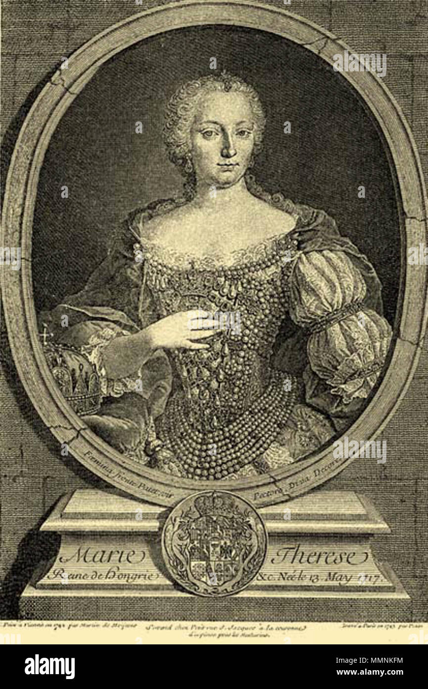 . Anglais : Portrait of Maria Theresia Magyar : Mária Terézia, Petit-ik 1743 metszete Meytens Márton 1742-iki képe után. Aláirása : Marie Thérèse Reine de Hongrie &c. Née le 13. Mai 1717. Legalul : Peint un Vienne en 1742. par Martin de Meytens. Gravé à Paris en 1743. par petit. Se vend chez Petit rue S. Jacques à la couronne d'espines prés les Mathurins. . 1743. Maria Theresia par Petit Banque D'Images