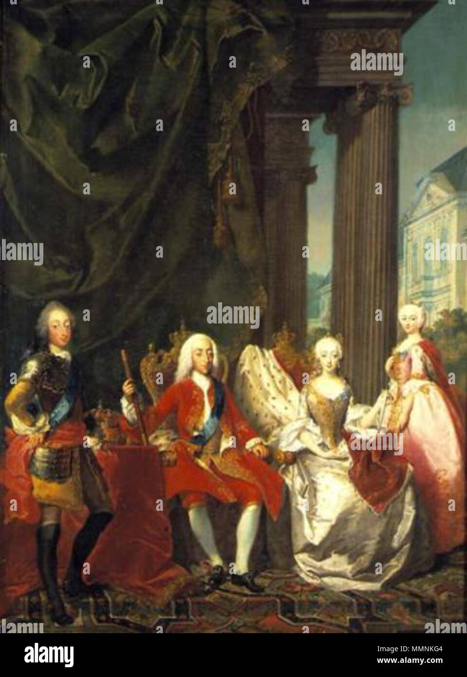 . Anglais : Le Roi Christian VI avec sa famille (La Reine Sophie Madeleine, le Prince Frederick (V), et de la princesse Louise). Hirschholm Palace peut être vu comme une toile . circa 1744. Christian VI avec sa famille par Marcus Tuscher ca 1744 Banque D'Images