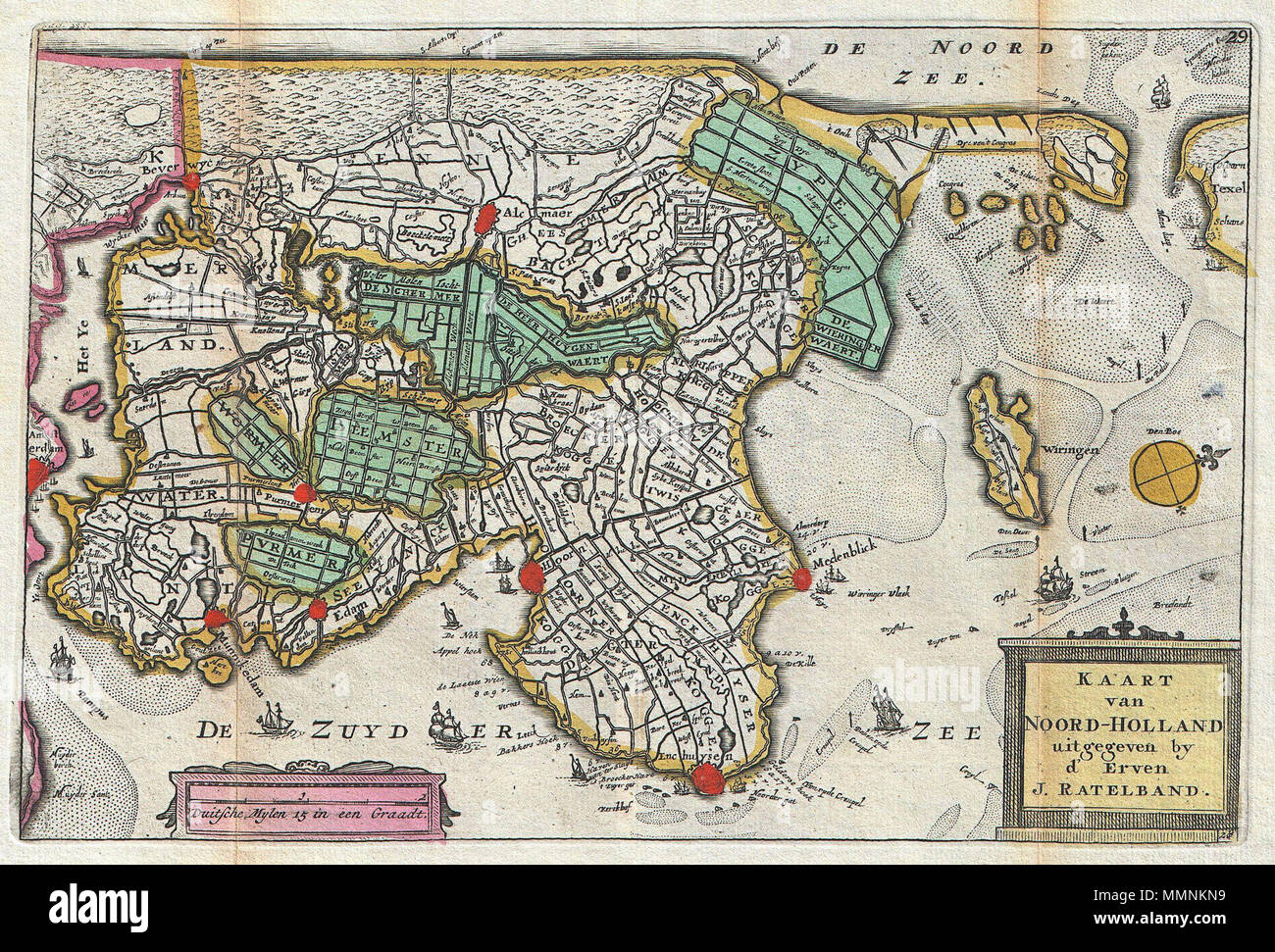Anglais : une superbe carte de la partie nord de la Hollande ou les Pays-Bas  premier dessiné par Daniel de la feuille en 1706. Orienté vers l'ouest.  Couvre d'Amsterdam, à l'extrême