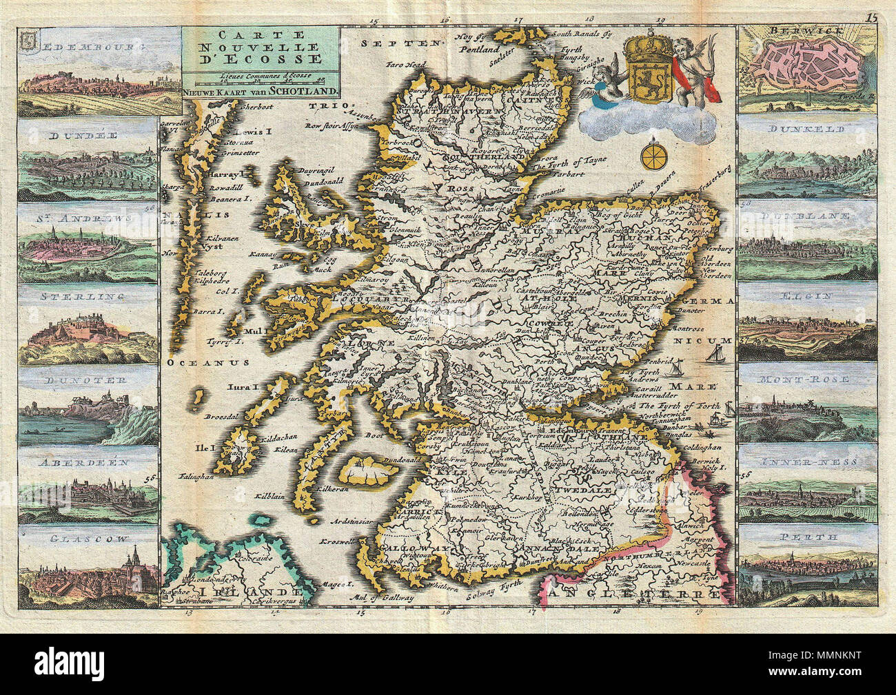 . Anglais : une superbe carte de l'Ecosse d'abord été dessinée par Daniel de la feuille en 1706. Représente l'intégralité de l'Écosse entouré par des vues sur quatorze villes, y compris Edembourg écossais (Edimbourg), Dundee, Saint Andrews, Sterling, Dunoter, Aberdeen, Glascow (Glasgow), Berwick, Dunkeld, Dunblane, Elgin, Mont-Rose, Inner-ness et Perth. Une cartouche ludique dans le quadrant supérieur droit montre les emblèmes héraldiques cimier de l'Écosse surmontée d'une couronne et entouré de chérubins. Quatre minuscules voiliers et deux chaloupes sont tirées qui sillonnent les eaux près d'Édimbourg. Titre en haut à gauche en français un Banque D'Images