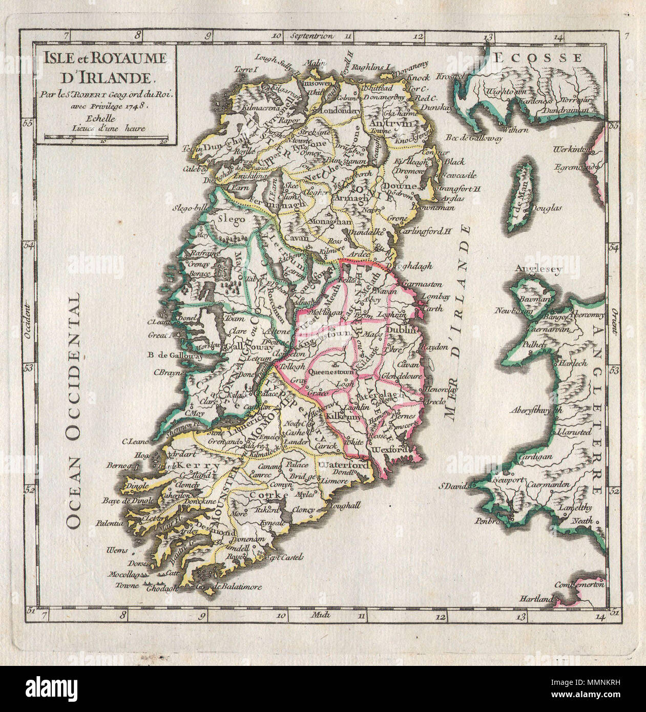Anglais Rare Et Belle 1748 Site De L Irlande Par Le Cartographe Francais Robert De Vaugondy Represente L Ensemble De L Ile Avec Le Comte Et Regional Subdivisions Definies Belle Original De La