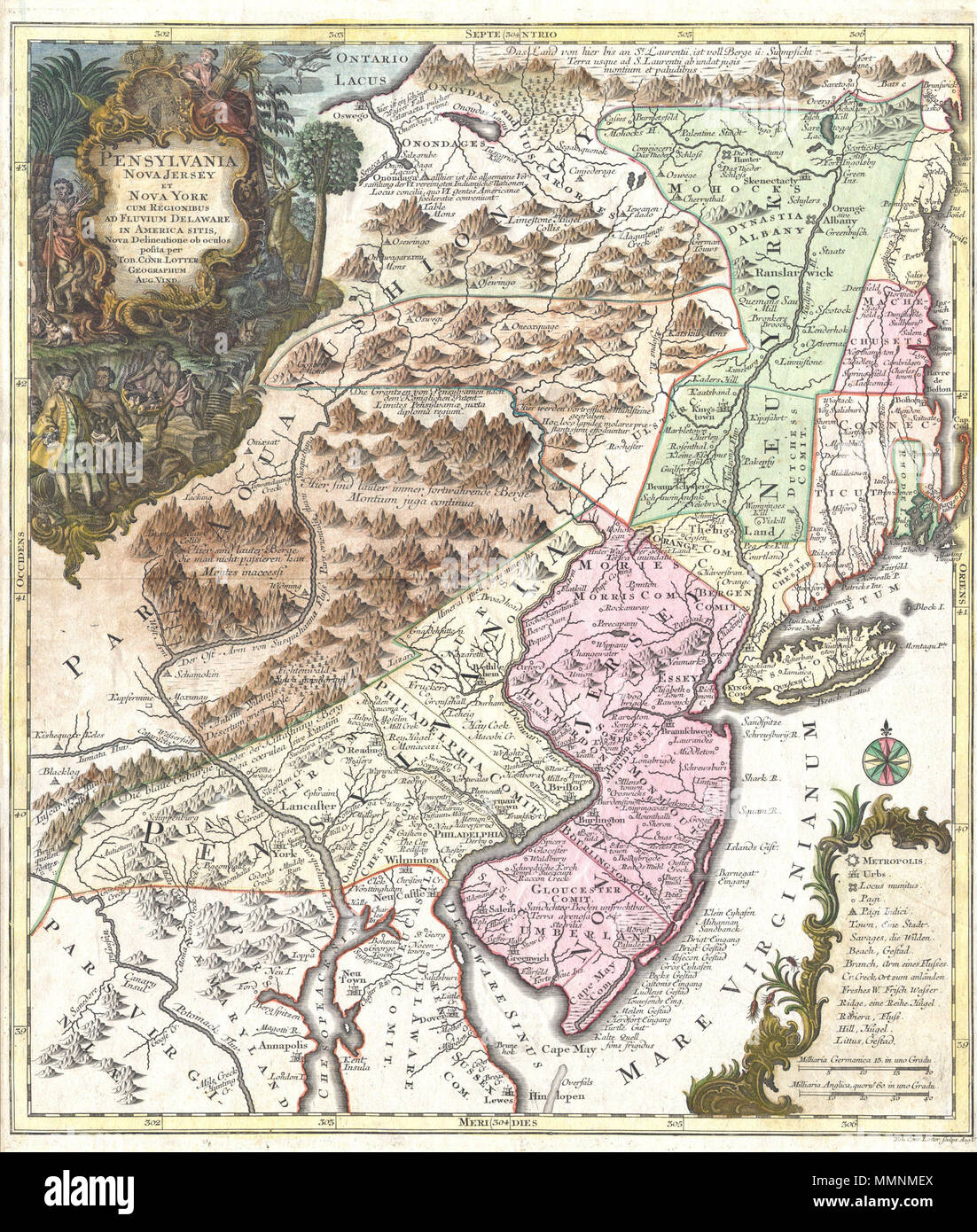 . Anglais : une belle et rare 1756 Exemple de Tobias Conrad Lotter est important plan de l'Atlantique centre et New England régions durant la période coloniale britannique. L'un des plus souhaitable, intéressant et attrayant des cartes pré-révolutionnaire du moyen anglais, en particulier les colonies de New York, New Jersey et Pennsylvanie. Couvre du lac Ontario dans le nord-ouest vers l'est à l'Atlantique, et aussi loin au sud que du Maryland, du Delaware et de la baie de Chesapeake. Cartographique de cette carte est fortement basée sur l'extrêmement rares 1849 Carte de la même région publié par Lewis Evans en 1749. Ge Banque D'Images