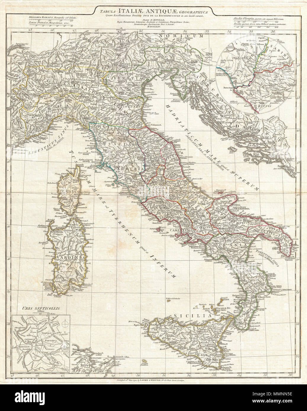 Anglais : une grande et spectaculaire 1764 J. B. B. D'Anville, site de  l'Italie dans l'antiquité romaine. Couvre du lac de Genève (lac) Lemanus à  la Sicile (Sicilia), y compris de