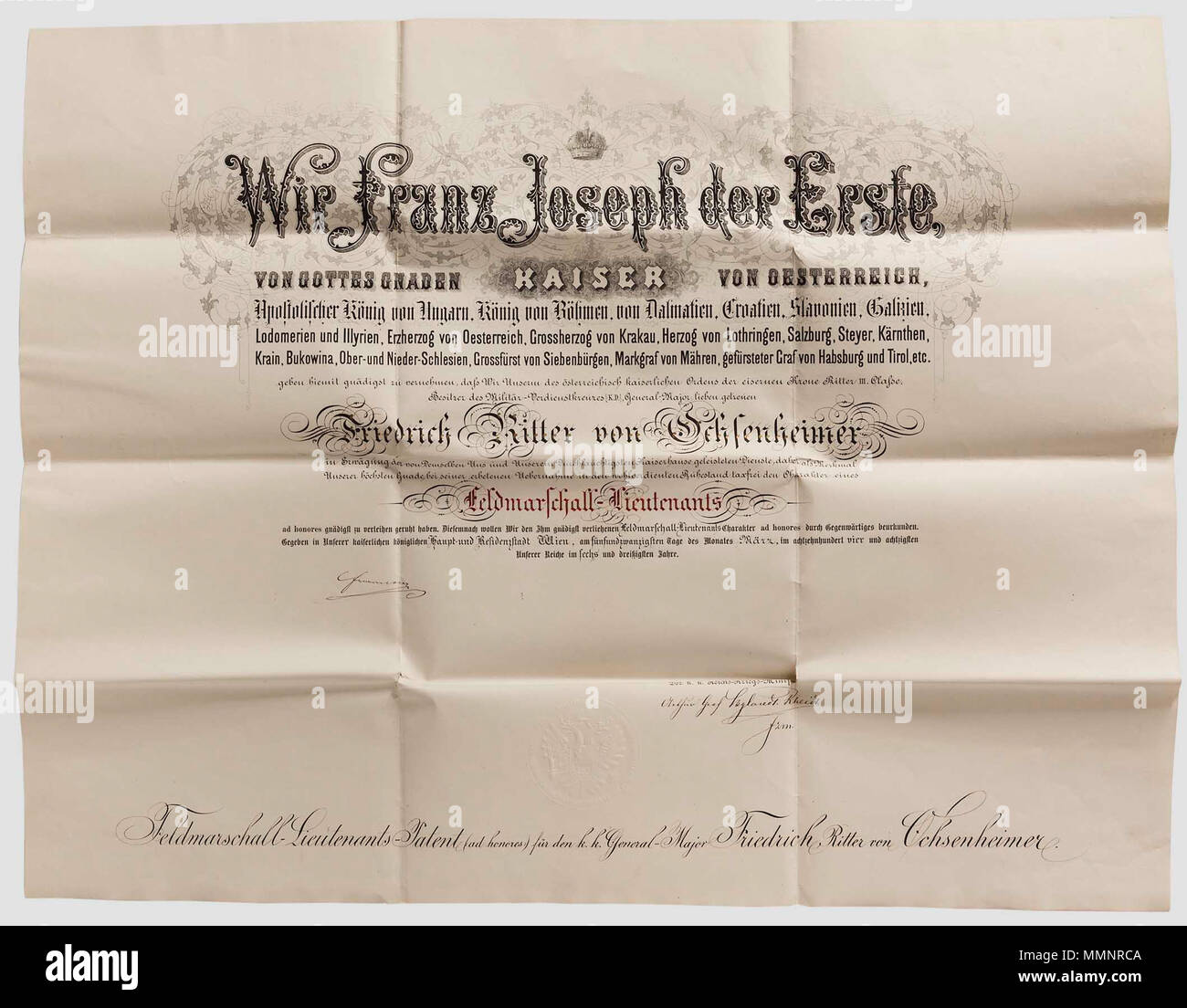 . Deutsch : Brevet anläßlich der Ernennung zum Feldmarschall-Lieutenant ad honores für den pensionierten k.u.k. Generalmajor Friedrich Ritter von Ochsenheimer (1873 als Ritter des Ordens der Eisernen Krone III. Klasse in den Ritterstand erblichen erhoben). Ausgestellt Wien, 25. März 1884, mit eigenhändiger Unterschrift von Franz Joseph I. (Kaiser von Österreich 1848-1916 Gegenzeichnung Kriegsministers) und des. Papierurkunde (format 66 x 83 cm) Texte lithographiertem handschriftlichen mit und Ergänzungen. . 1884. Ernennung zum Feldmarschall-Lieutenant anonyme - Friedrich von Ochsenheimer - 18 Banque D'Images