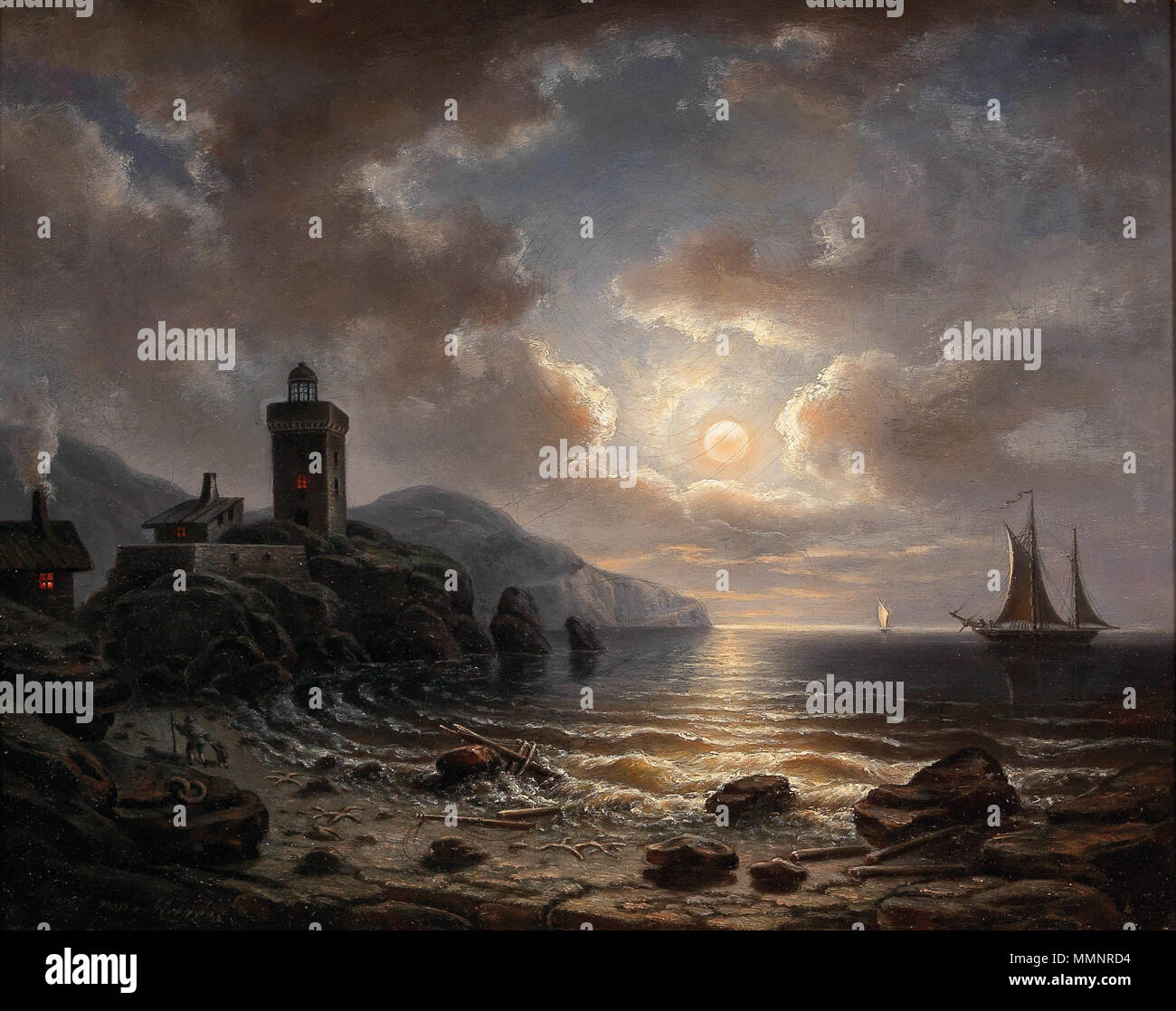 Côte de nuit avec les phares. 1869. Albert de Marees - Côte de nuit avec Lighthouse Banque D'Images