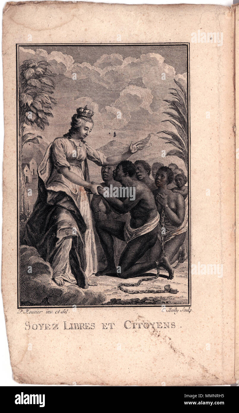 . English : Couverture du livre de Benjamin-Sigismond Frossard, la cause des esclaves nègres et des habitans de la Guinée […], Lyon, imprimerie Aimé de La Roche, 1789. Anglais : Benjamin-Sigismond Frossard, la cause des esclaves nègres et des habitans de la Guinée […], Lyon, imprimerie Aimé de La Roche, 1789. Des "esclaves portant des menottes ou de menottes à genoux devant une femme portant une couronne et manteau avec fleurs de lis représentant la monarchie Française. Comprend les hommes, les femmes et les enfants et chaînes" . 1789. Pierre Rouvier & Charles Boily 80 Benjamin-Sigismond Froissard Banque D'Images