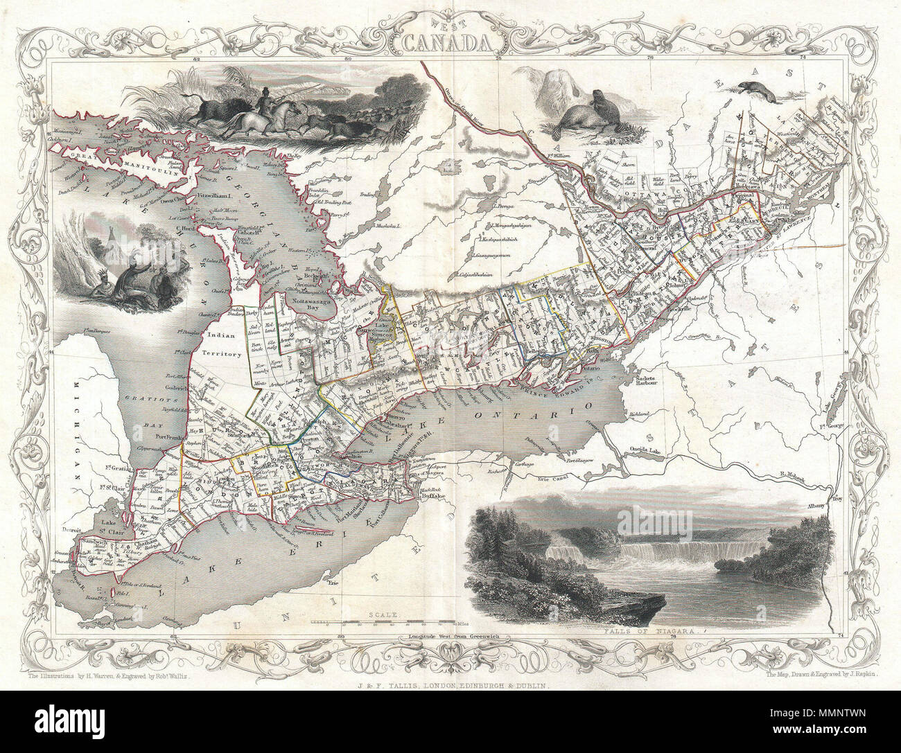 . Anglais : c'est John Tallis' très attrayants c. 1850 Carte de l'Ouest Canada ou l'Ontario actuel. Comprend le lac Érié, le lac Ontario, et une partie du lac Huron, de la baie Georgienne. Dispose de cinq vignettes imprenable qui comprennent les Indiens américains sur l'chasing buffalo dans les grandes plaines, plusieurs Indiens américains assis autour d'un arbre avec un tipi à l'arrière-plan, deux joints, une loutre, et dans le quadrant inférieur droit, Niagara Falls. L'ensemble est entouré d'un motif de vigne décorative frontière. Les vignettes pour cette carte ont été dessiné par H. Warren et gravé par Robert Wallis. La carte son Banque D'Images