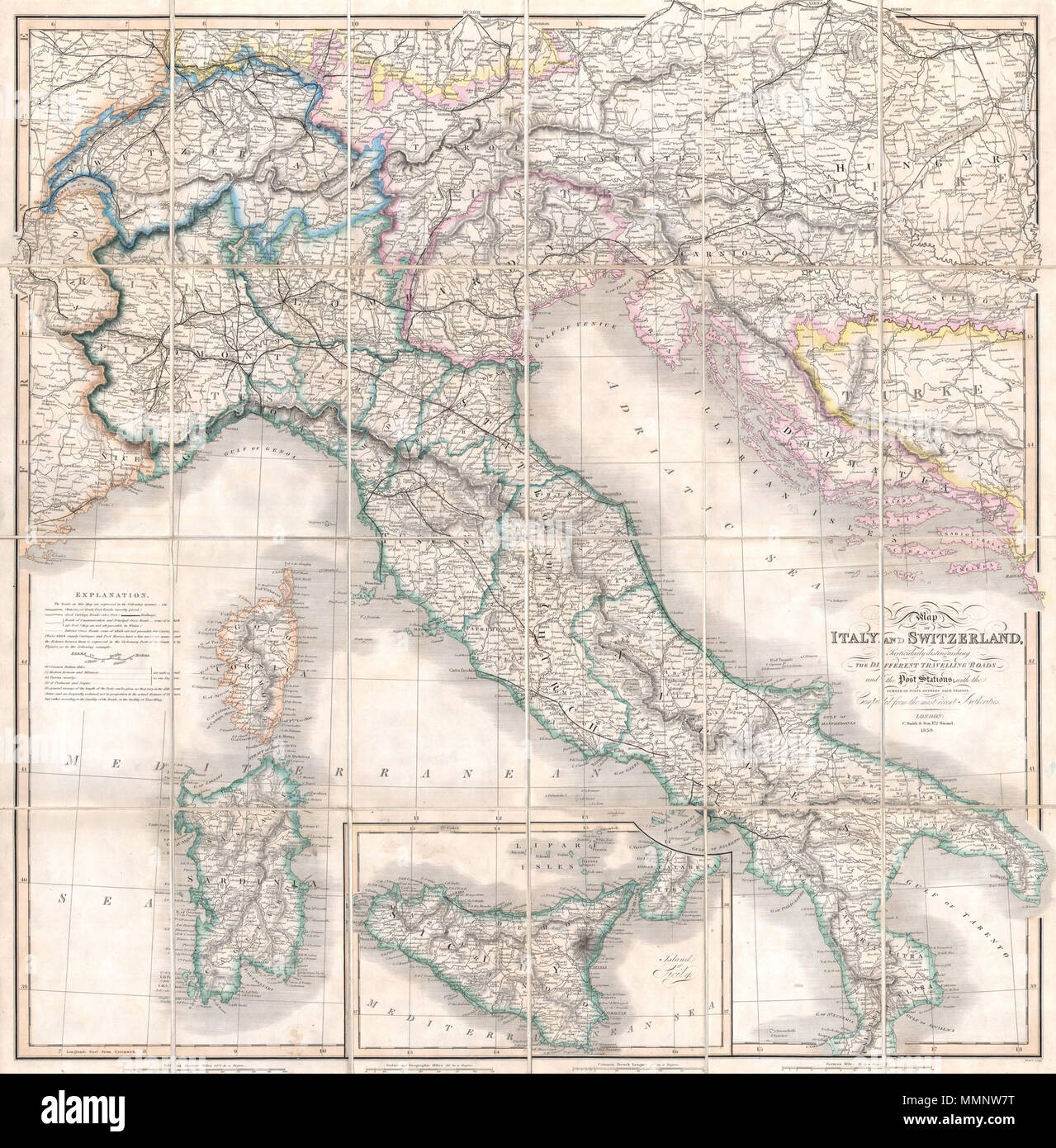 . Anglais : un cas rare et belle carte format de l'Italie et la Suisse à partir de 1859. Produit par Londres cartographe Charles Smith. S'étend de Genève à l'ouest à l'est jusqu'à la Turquie et de l'Istrie, au nord de Vienne, et le sud pour inclure la Sicile. Comprend aussi la Sardaigne et la Corse. Cette carte a été publiée par Smith en 1818 en tant que "nouveau poster la carte de l'Italie et la Suisse". Smith destiné la carte pour les voyageurs anglais du 19ème siècle en Italie et accorde une attention particulière aux distances, routes, et la qualité de ces routes. Mais attrayant propose des détails topographiques. La Sicile est dépeint comme Banque D'Images