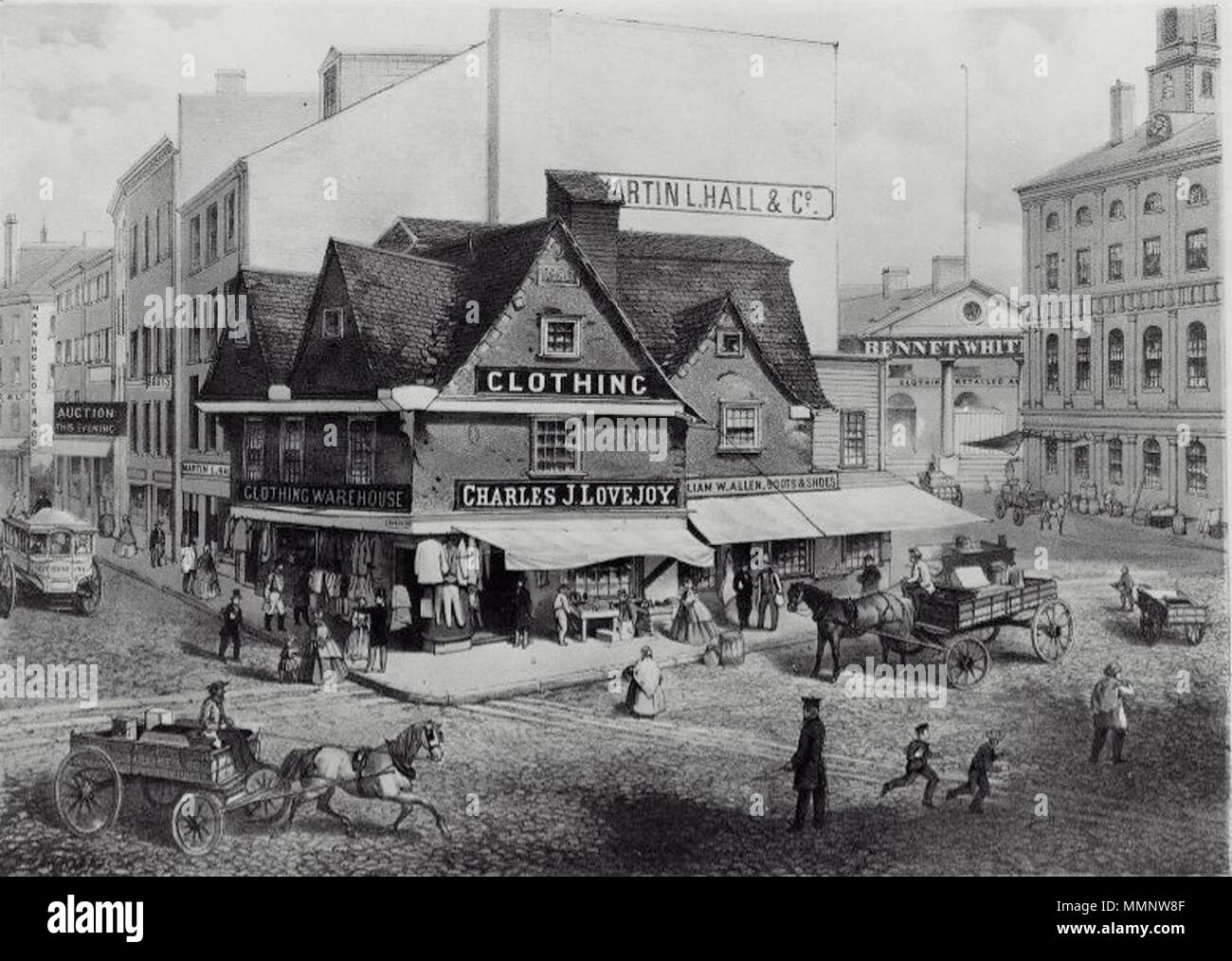 . Ancien entrepôt, Dock Square, Boston. 1858-60. Alfred K. Kipps, anglais, 1860. Imprimé par : Louis Prang & Company, États-Unis, actif 1860-1897. Chromolithographie sur papier. Musée des beaux-arts de Boston 91860 DockSquare byAlfredKipps MFABoston Boston Banque D'Images