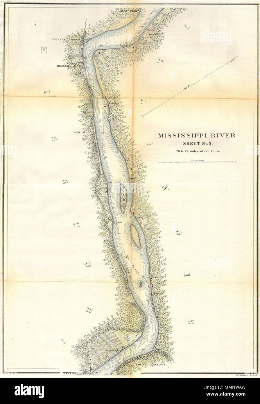 . Anglais : c'est une belle main United States 1865 couleur graphique ou carte de l'Enquête sur la Côte d'une partie de la rivière Mississippi entre l'Illinois et le Missouri, à peu près entre 78 et 96 kilomètres au-dessus du Caire, de l'Illinois. Cinq feuilles d'un ensemble de six représentant le fleuve Mississippi à partir de Cairo dans l'Illinois pour Saint Mary's Missouri. Les virages de la rivière sont nommés, comme le sont les nombreuses îles de la rivière illustré. Note des villes, beaucoup de bois, les débarquements et les exploitations agricoles, dont beaucoup sont représentés avec les noms de famille. Produit sous la supervision de A. D. Bache en 1865. Rebacked professionnellement et joliment coloriés à la main. Ri du Mississippi Banque D'Images