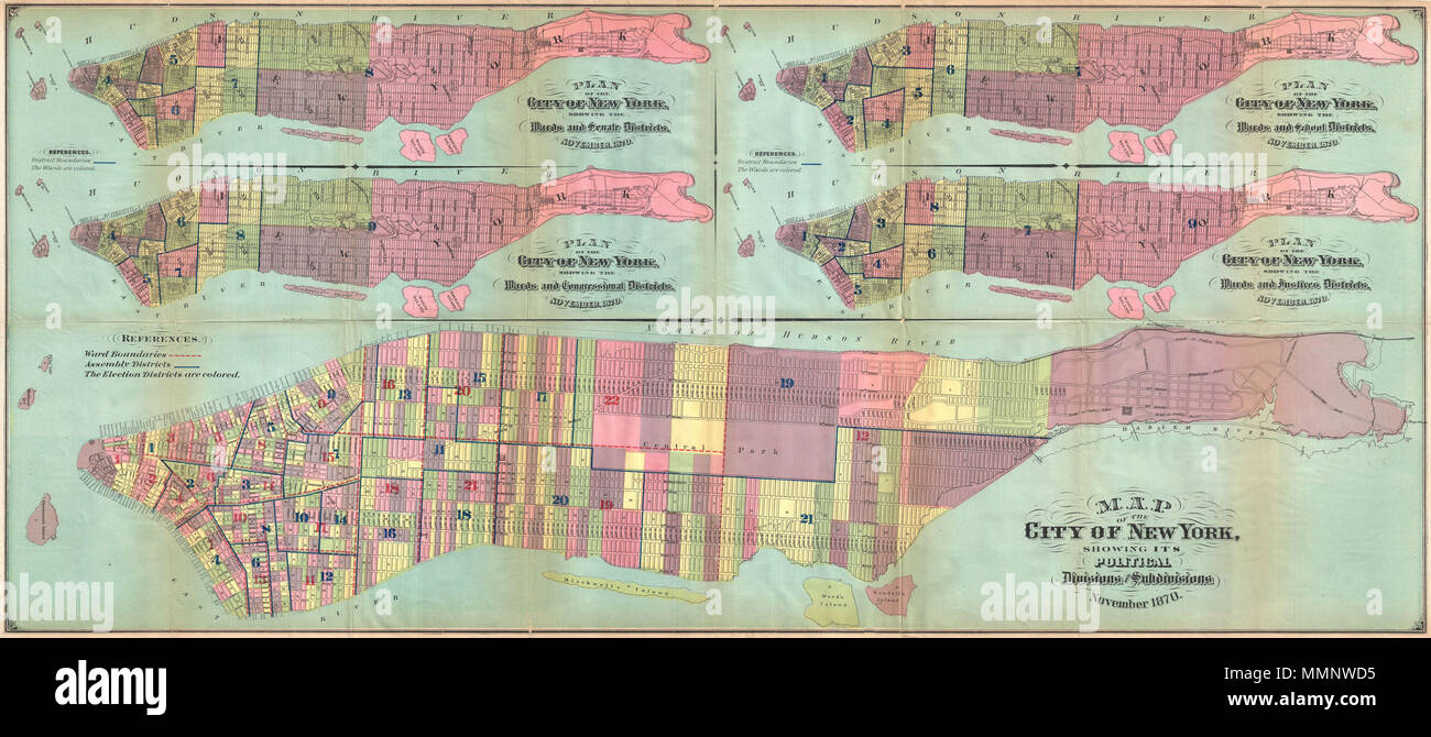 Anglais : ce grand plan 1870 Plan de la ville de New York est en fait de  cinq cartes dans un. Les cartes sont tirées pour illustrer certains aspects  du terrain