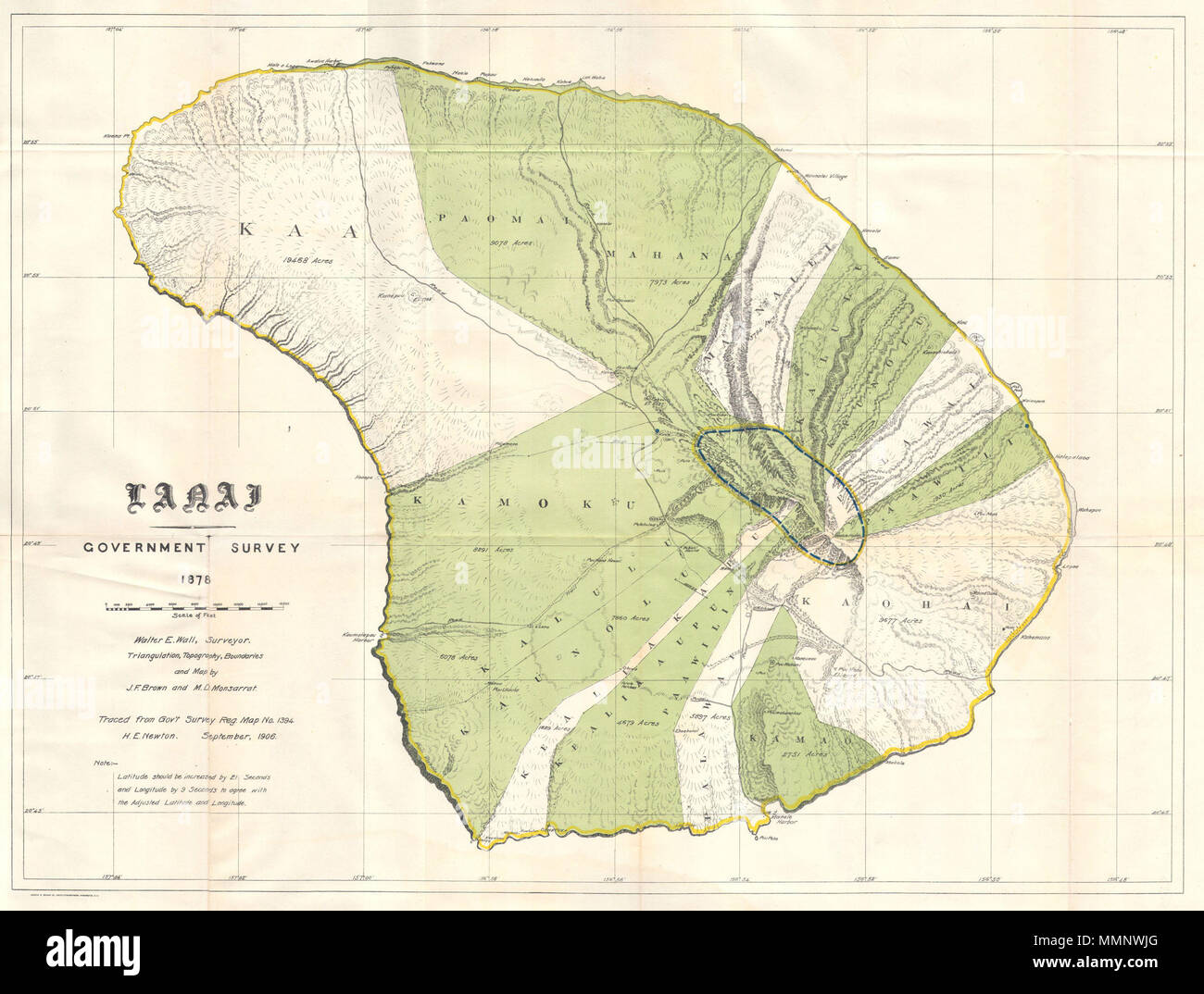 . Anglais : ce rare et extraordinaire 1878 Carte de l'île de Lanai, Hawaii, dans le groupe a été préparé pour le rapport 1906 du Gouverneur du territoire de Washington au Secrétaire de l'intérieur. Si le travail de cartographie qui a produit cette carte a été commencé en 1878, au cours de la monarchie hawaiienne, le plan lui-même, et le rapport qu'il contenait, a été publié après que le gouvernement américain 1898 Annexion de la République d'Hawaï. Le rapport a été une tentative d'évaluer et d'examiner le nouveau potentiel du territoire d'Hawaï pour l'administration et de développement. Par conséquent, la Banque D'Images