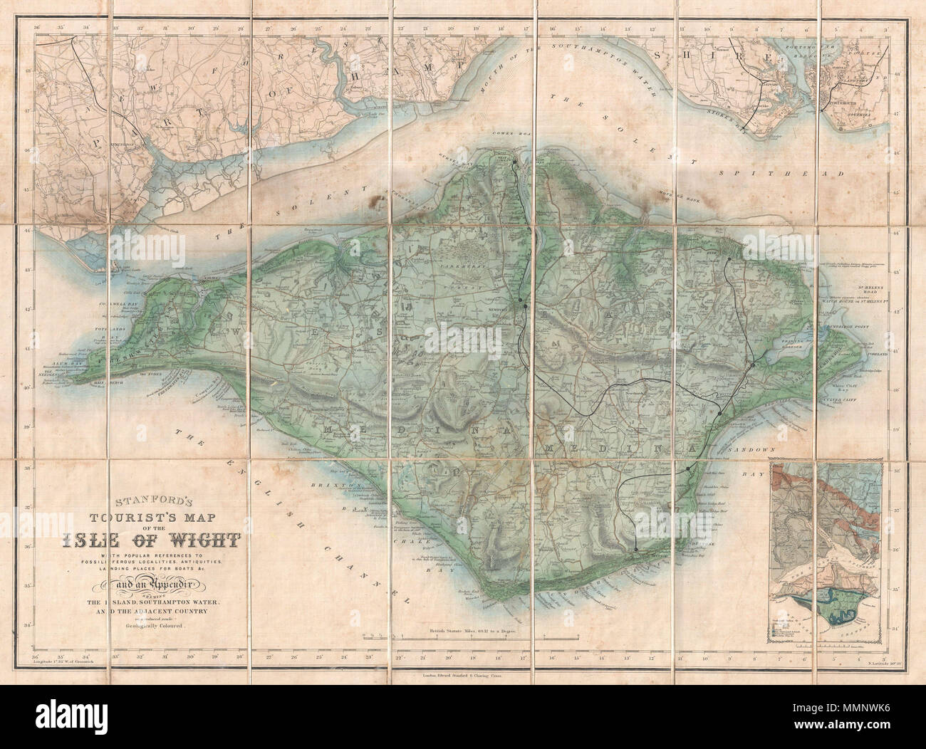 . Anglais : courant 1879 Carte de poche de l'île de Wight préparé par Edward Stanford. Couvre toute l'île ainsi que les parties adjacentes du Hampshire sur le Solent Spithead. Wight est connu pour sa géologie inhabituelle et ancienne du fossile. Cette carte tente de localiser susceptibles d'chasse aux fossiles ainsi les sites de diverses antiquités et les collectivités de l'île. Une Esquisse géologique de la région apparaît dans un encadré dans le quadrant inférieur droit. Si la plupart des cartes sont sans provenance substantielle, cette carte est connu pour avoir été acheté à l'origine pour la tournée européenne de l'éminent Banque D'Images