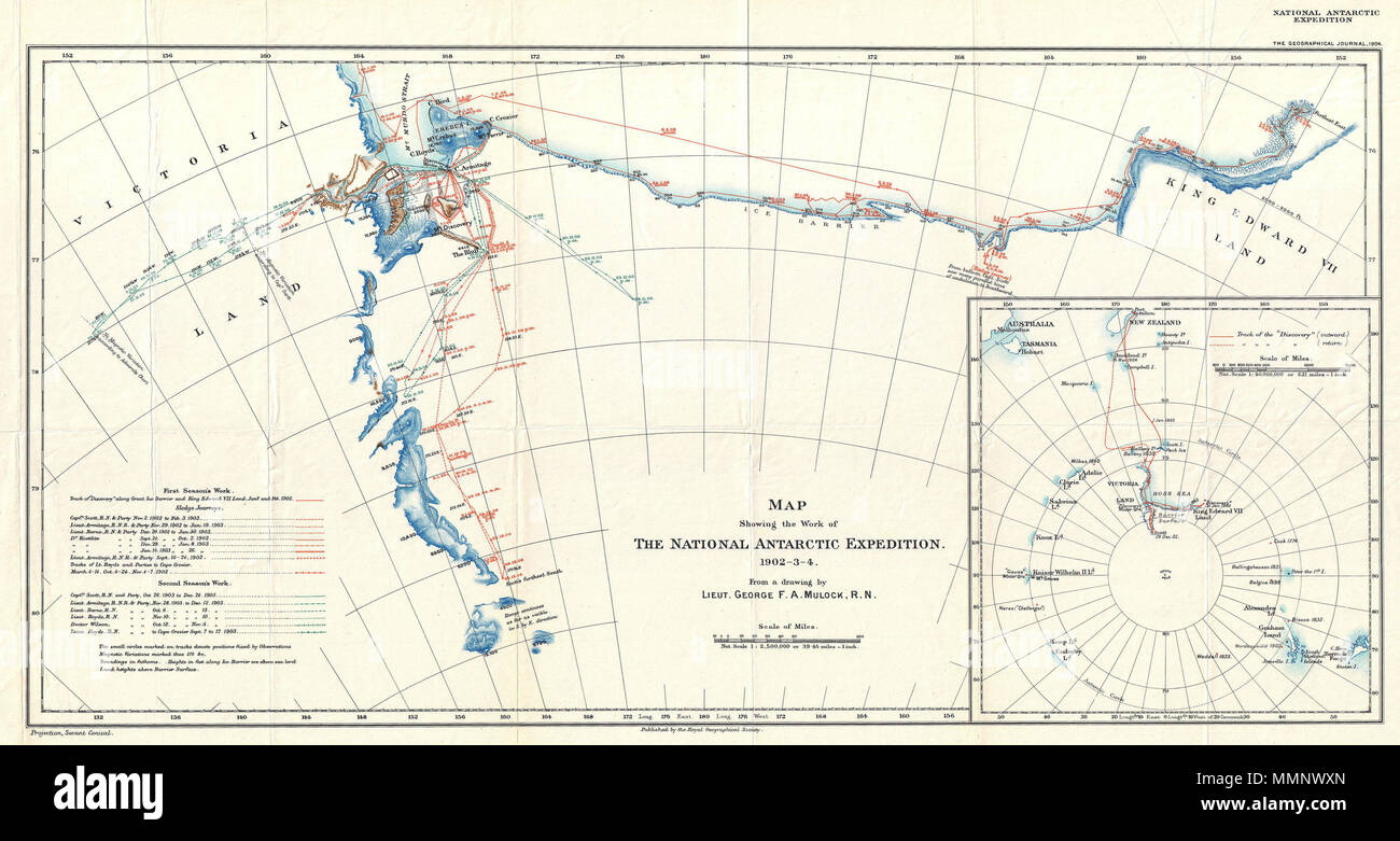 . Anglais : Ce site inhabituel de détails les explorations de la British National expédition en Antarctique. La British National Antarctic Expedition, également connu sous le nom de l'expédition Discovery, (1901 - 1904) a été le premier officiel britannique, Exploration de l'Antarctique depuis les explorations de Ross dans le milieu du 19ème siècle. Organisée conjointement par la Royal Society et la Royal Geographical Society, l'expédition a été conçu pour recueillir des données scientifiques et des données géographiques concernant le territoire largement inexploré. Considéré comme l'un des plus importants voyages d'exploration au début du 20e cen Banque D'Images