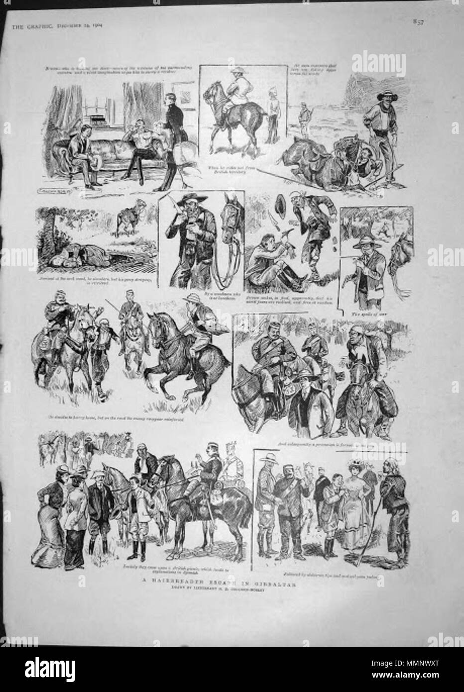 . Anglais : le Royal Hunt 1904 Calpe par Lt HD Collinson Morley qui meurt en 25 septembre 1915. était un foxhunt at organisé à Gibraltar jusqu'à la moitié du xxe siècle. Ducs, Comtes et princes ont pris part et de 'Société' pages a présenté un rapport sur ce qui s'est passé. (Il n'y a pas de terre sur Gibraltar pour exécuter une chasse de sorte qu'ils devaient utiliser la campagne à proximité de l'Espagne. . 22 octobre 2012, 18:56:12. Harold Duc Collison-Morley 12 Calpe 1904 Hunt Gibraltar le graphique Banque D'Images