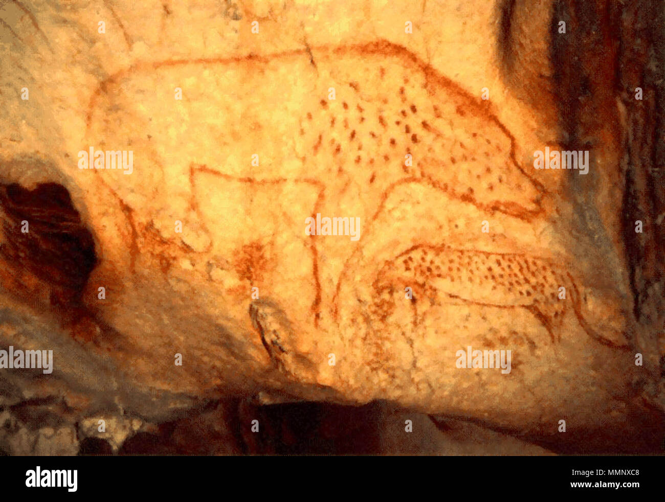 . Anglais : Cave (hyène Crocuta crocuta spelaea) peinture trouvés dans la grotte Chauvet et rendu public le 17 janvier 1995, par le ministre de la Culture Jacques Toubon (Source : Gutenberg.org) ; maintenant connues pour être 32 000 ans. Čeština : Asi 32000 hyeny jeskynní stará laisser malba (Crocuta crocuta spelaea) un levharta skvrnitého Chauvetovy jeskyně z 14 20 000 ans l'Hyène Rupestres Banque D'Images