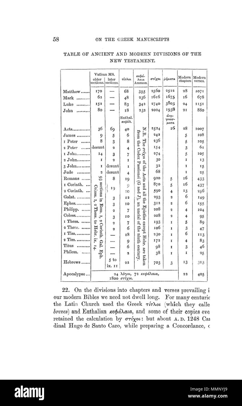 . Anglais : page 58 du livre, avec la table des divisions anciennes et modernes du Nouveau Testament . 1861. Frédéric Henry Ambrose Scrivener 21 UNE Introduction (1861) p. 58 Banque D'Images