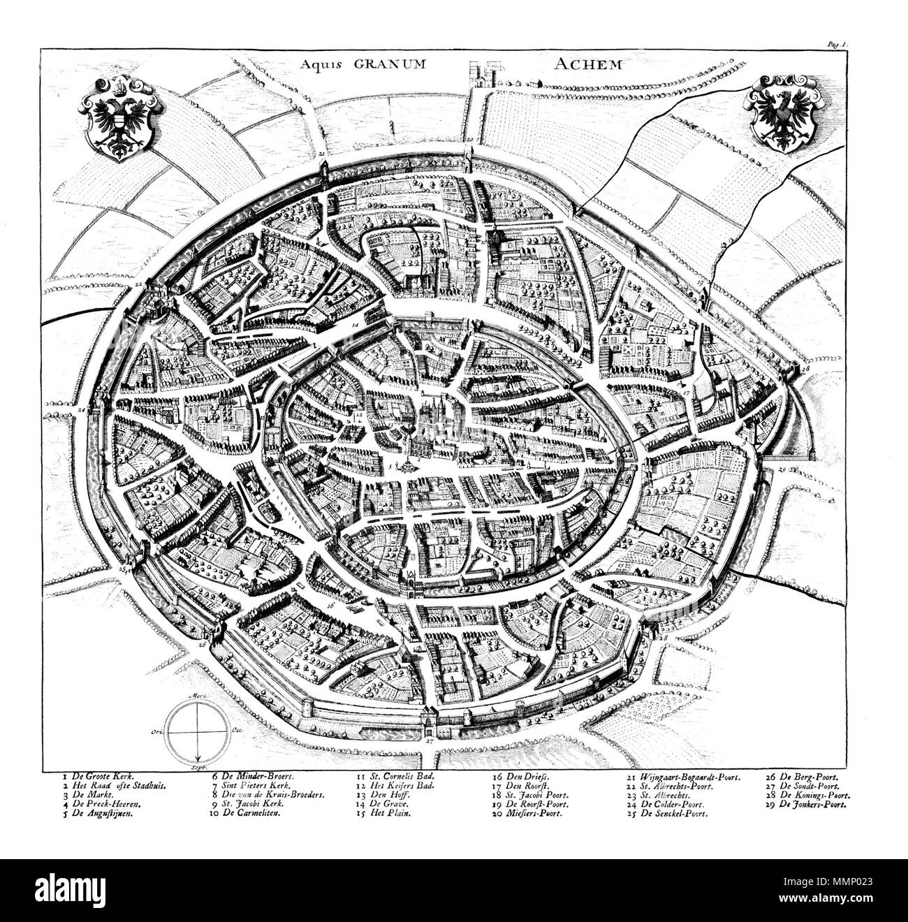 . Anglais : perspectivic site de la ville de Aix-la-Chapelle, vue du nord, faites avec la carte de Henrick van Steenwijk comme modèle Deutsch : Perspektivischer Aachens Stadtplan, von Norden gesehen, nach dem Vorbild von Plans Henrick van Steenwijk 23 Aachen-Stadtansicht-Vivie-1727 Banque D'Images