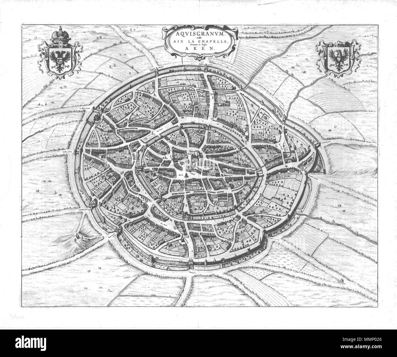 . Anglais : perspectivic site de la ville de Aix-la-Chapelle, vue du nord, faites avec la carte de Henrick van Steenwijk comme modèle Deutsch : Perspektivischer Aachens Stadtplan, von Norden gesehen, nach dem Vorbild von Plans Henrick van Steenwijk 23 Aachen-Stadtansicht-SP-1638 Banque D'Images