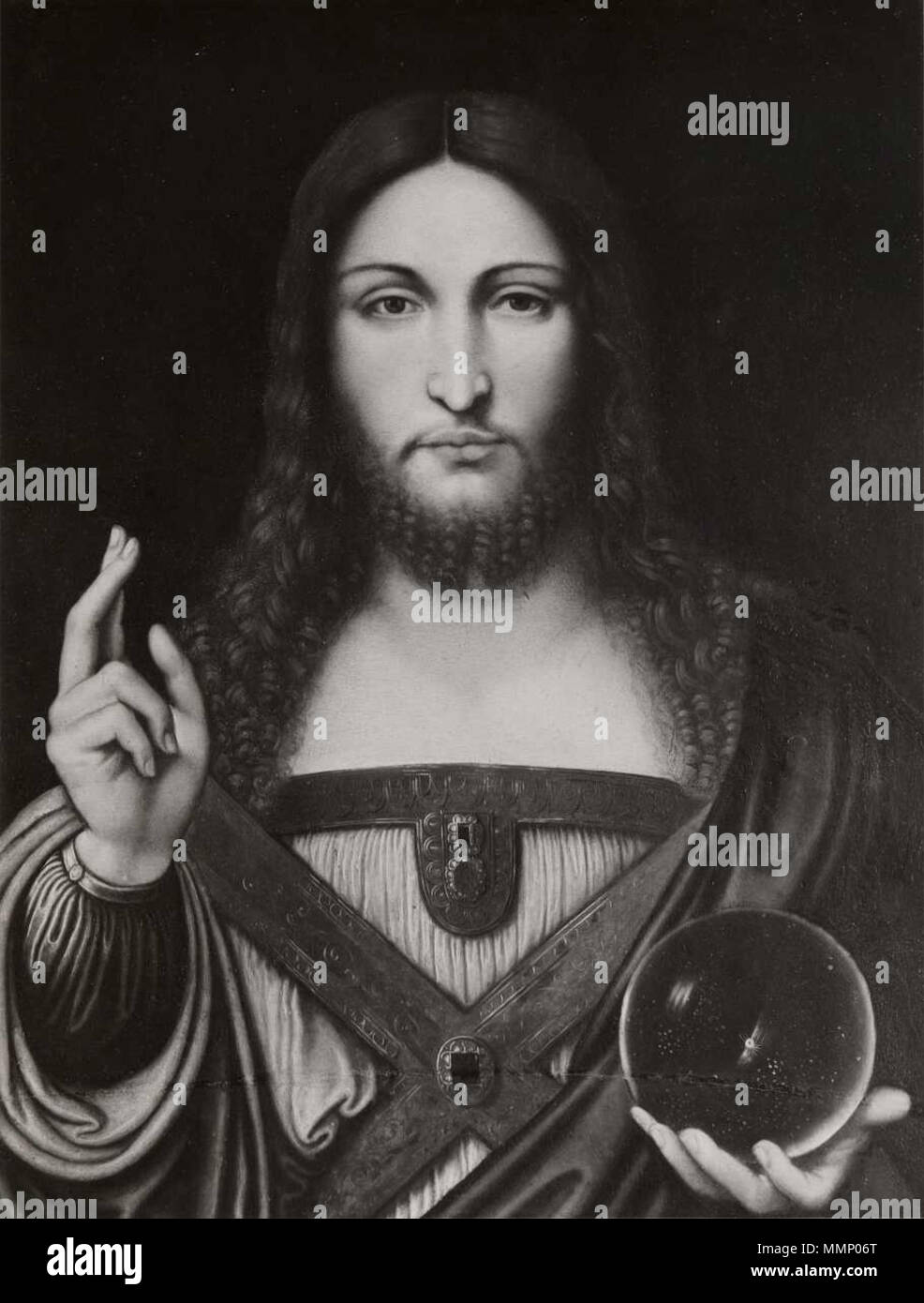 . Anglais : Salvator mundi (Cristo Redentore benedicente), anciennement dans la collection Worsey (actuel emplacement inconnu) . début du 16ème siècle, première moitié du xvie siècle. Anglais : anonyme Anonyme, Salvator mundi (Cristo Redentore benedicente), première moitié du XVI siècle, toile, 63 x 48 cm, Collection Worsey Banque D'Images