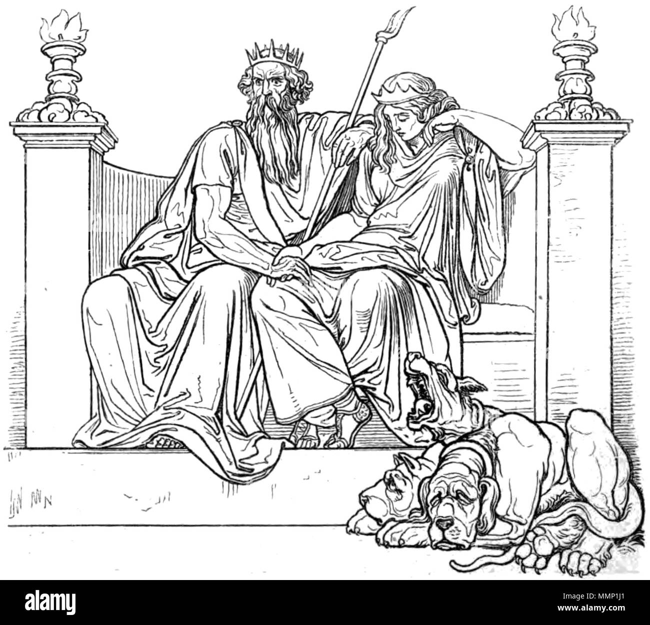 . Aidoneus - Hades (Pluton) et Perséphone (Proserpine) & Cerberus (Kerberos) Deutsch : Als König der Unterwelt thront en düsterer Majestät Hades, den Gesang des Orpheus um Euridice, hörend und neben ihm seine Gemahlin Perséphone, welche um ein melanchonisches herrscht Schweigen. Freskobild aus einem der Glyptothèque à München. Anglais : Hades (Pluton) représenté assis à gauche tenant un bident dans sa main gauche, à côté de Perséphone (Proserpine), avec Cerberus (Kerberos) assis au-dessous de 30 Aidoneus &AMP ; Perséphone Banque D'Images