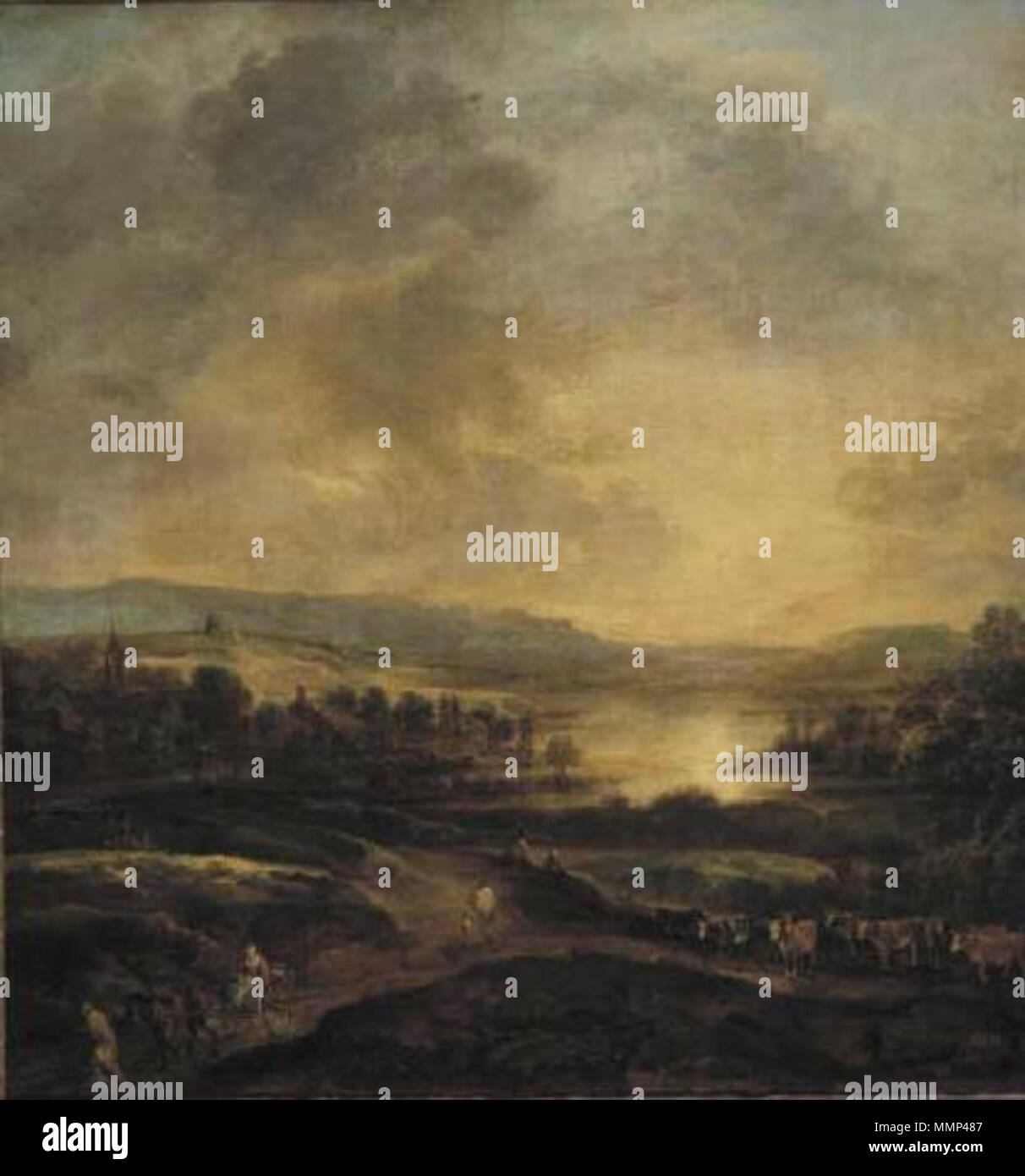 Paysage vallonné au coucher du soleil. vers 1660. Aert van der Neer 002 Banque D'Images